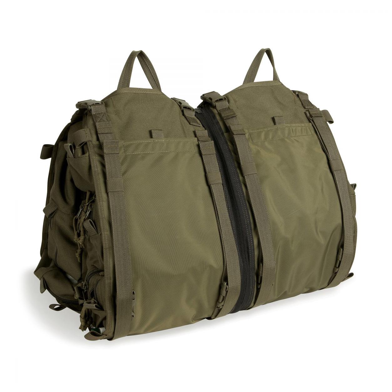 Robuster TT Medic Transporter aus olivgrünem CORDURA® 700 den mit zwei Hauptfächern, mehreren seitlichen Gurten und Top-Tragegriff.