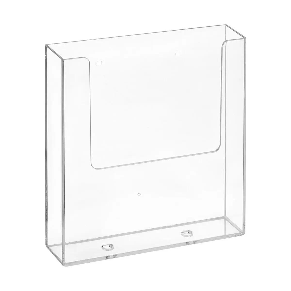 Transparenter Wandhalter für Dokumente DIN A5 aus Acryl mit zwei kleinen Standfüßen, offenem Klappdeckel und seitlichen Befestigungslöchern.
