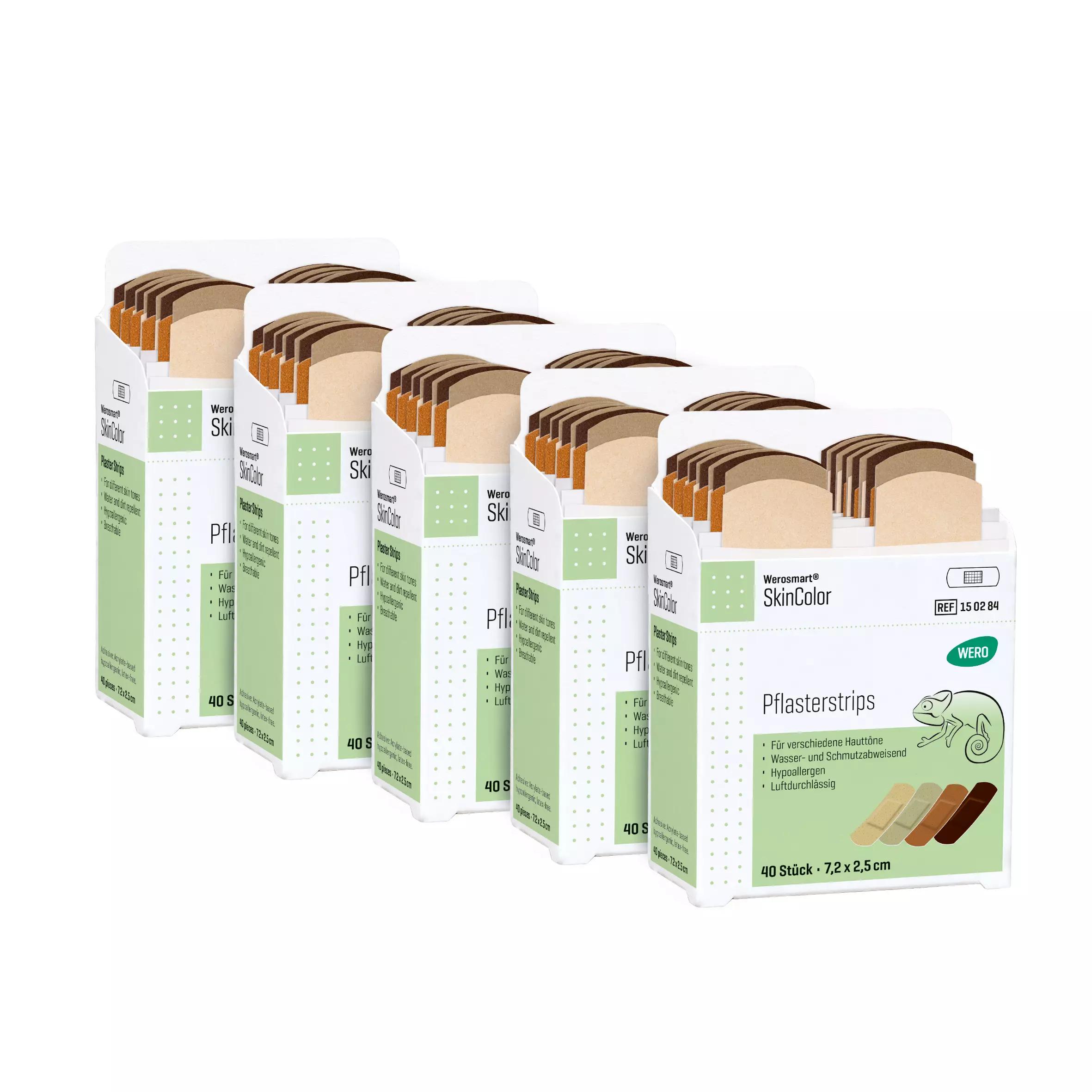 Fünf Werosmart® SkinColor Pflasterspender-Einsätze Pflasterstrips-Boxen mit 40 wasser- und schmutzabweisenden Strips für verschiedene Hauttöne im Verkaufsdisplay.