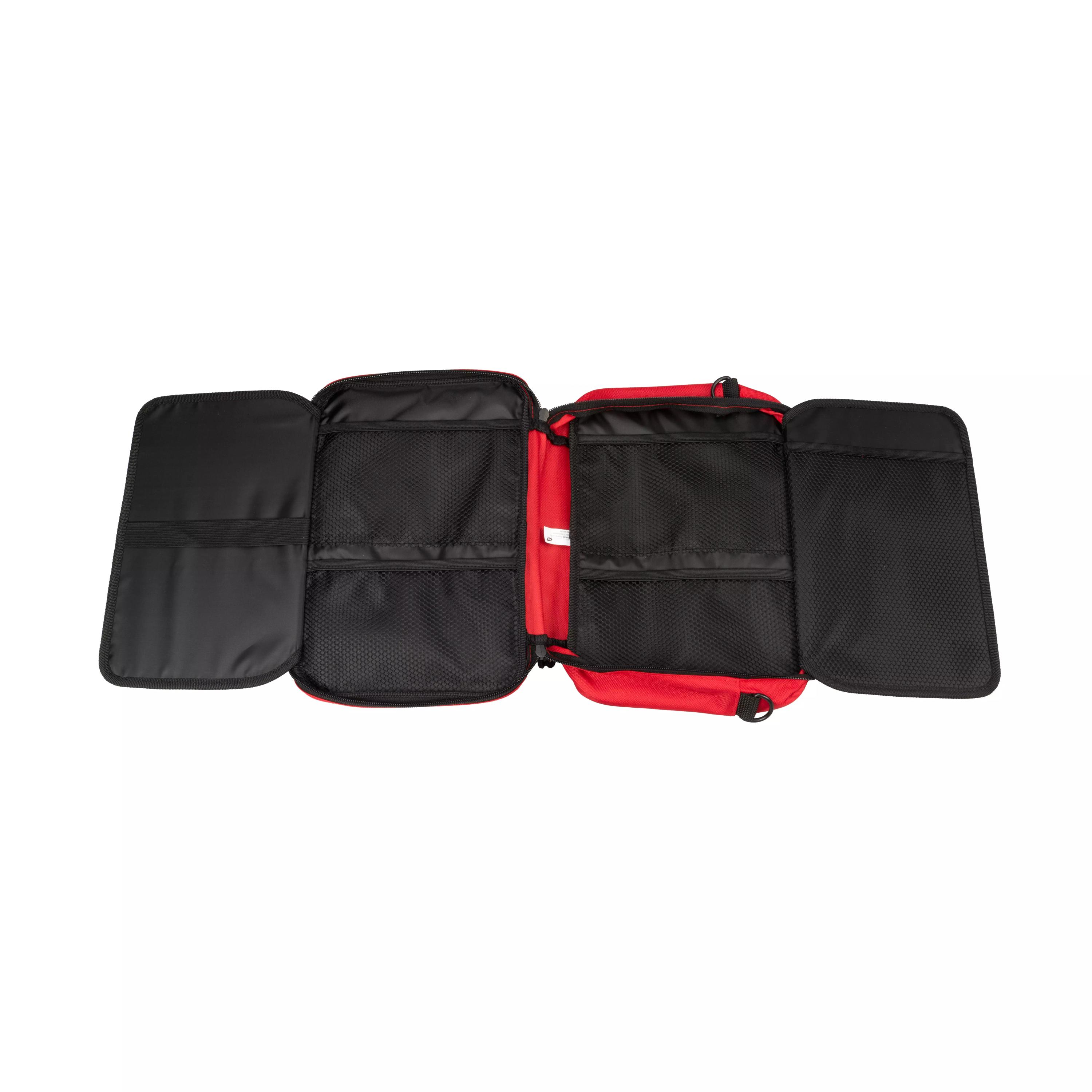 WERO Erste Hilfe Tasche - groß aus rotem und schwarzem Material, geöffnet mit zwei Fächern und mehreren schwarzen Netzinnentaschen.