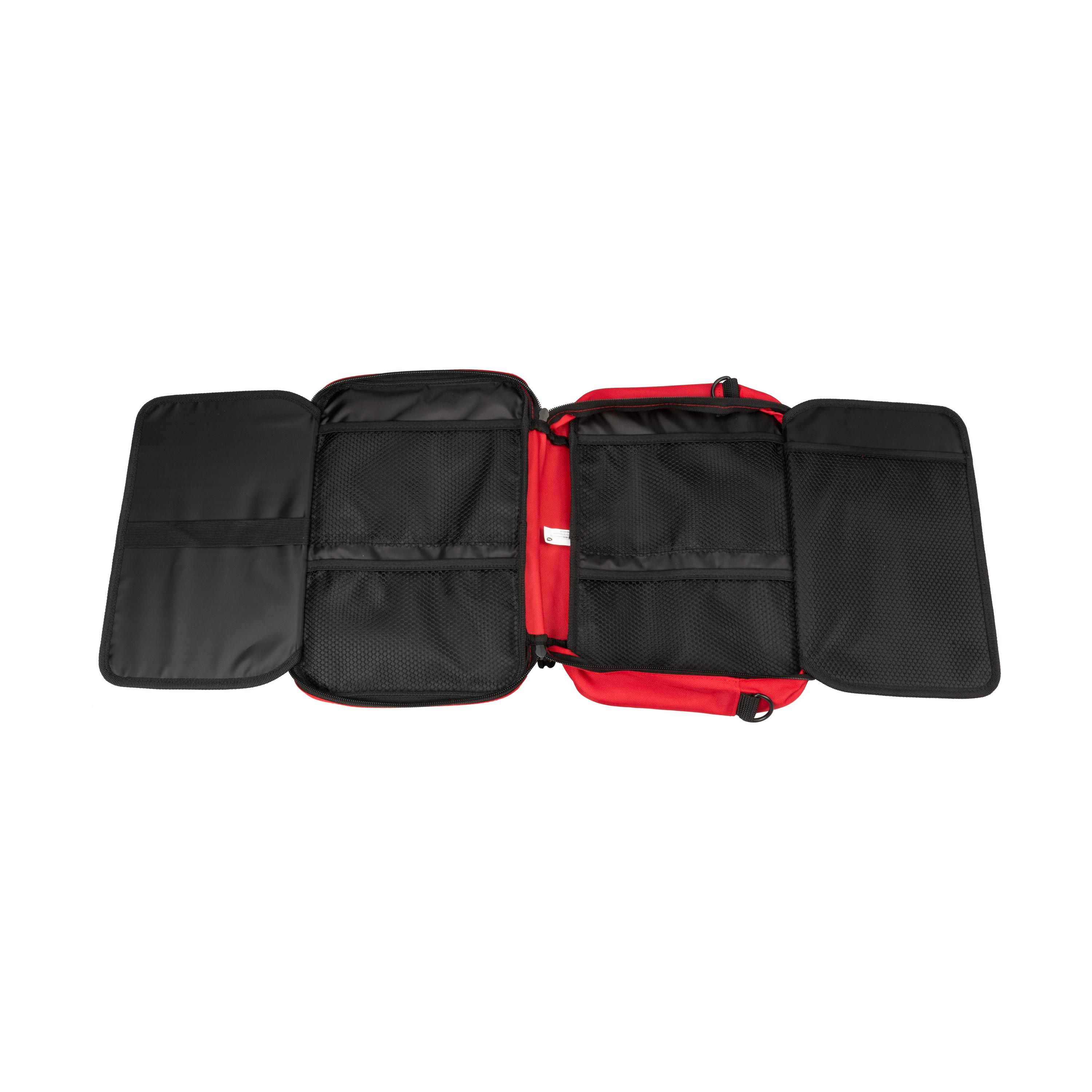 WERO Erste Hilfe Tasche - groß aus rotem und schwarzem Material, geöffnet mit zwei Fächern und mehreren schwarzen Netzinnentaschen.