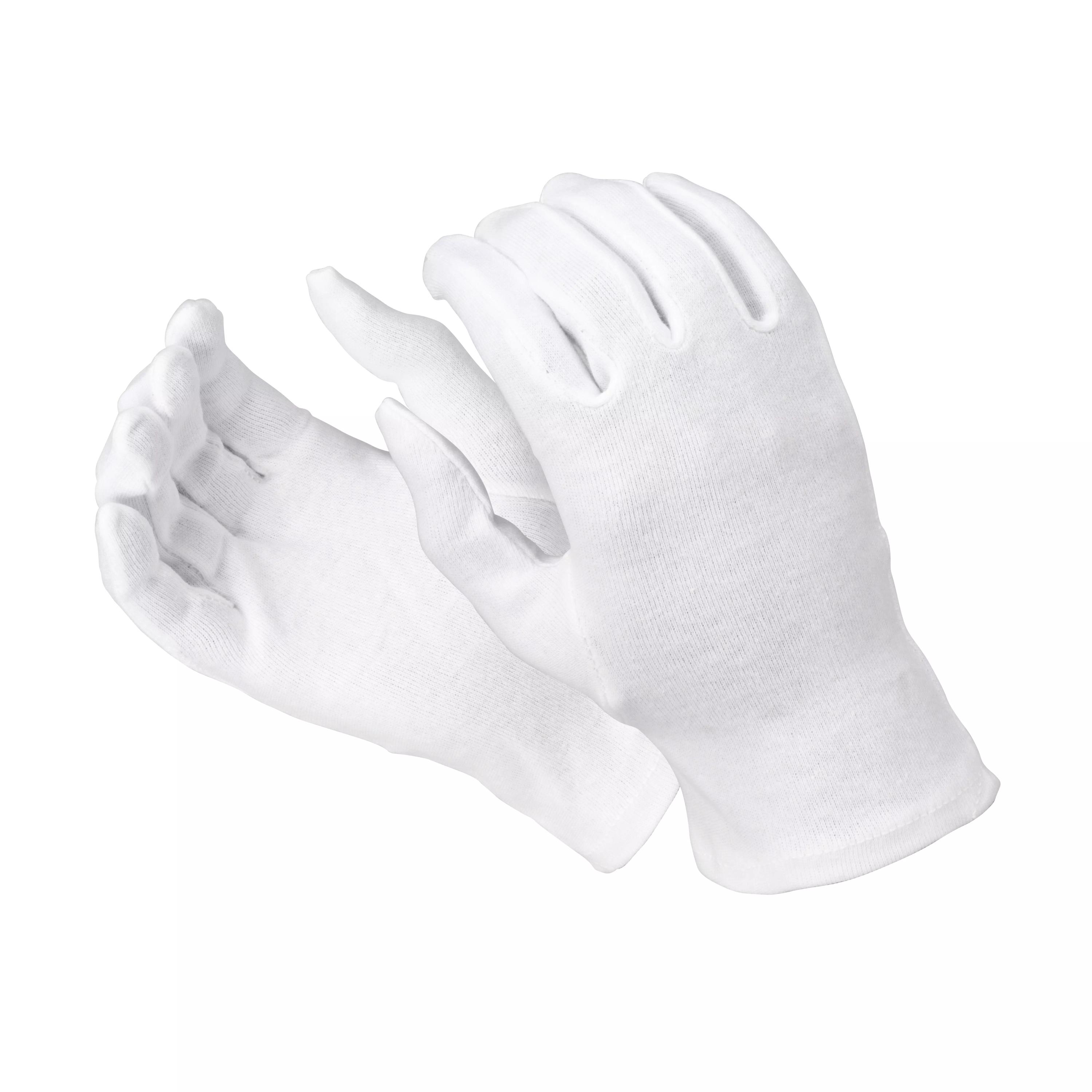 Zwei weiße Baumwollhandschuhe Baumwollhandschuh Tara liegen ausgebreitet nebeneinander, zeigen weiches, atmungsaktives, fusselarmes Material.