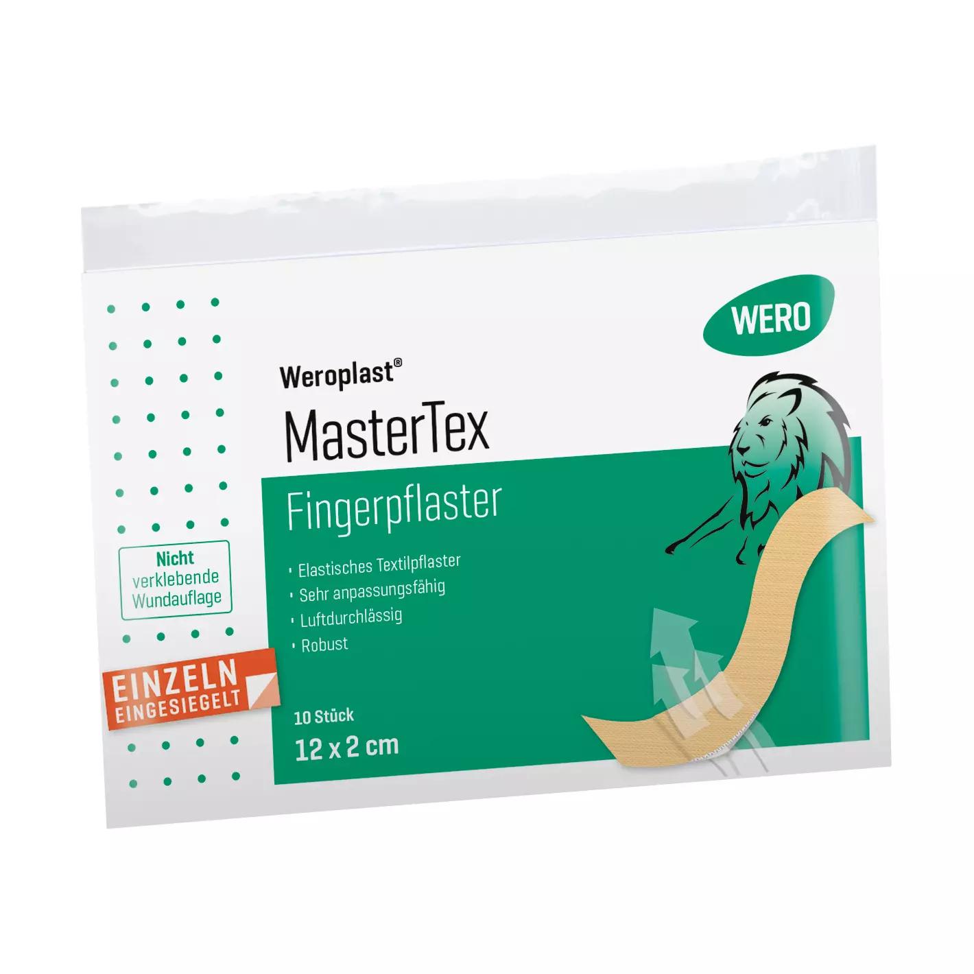 Fingerpflaster Weroplast® MasterTex - 2 cm, 10 Stk in transparenter Verpackung mit beige textilem Pflaster, anpassungsfähig und angenehm zu tragen.