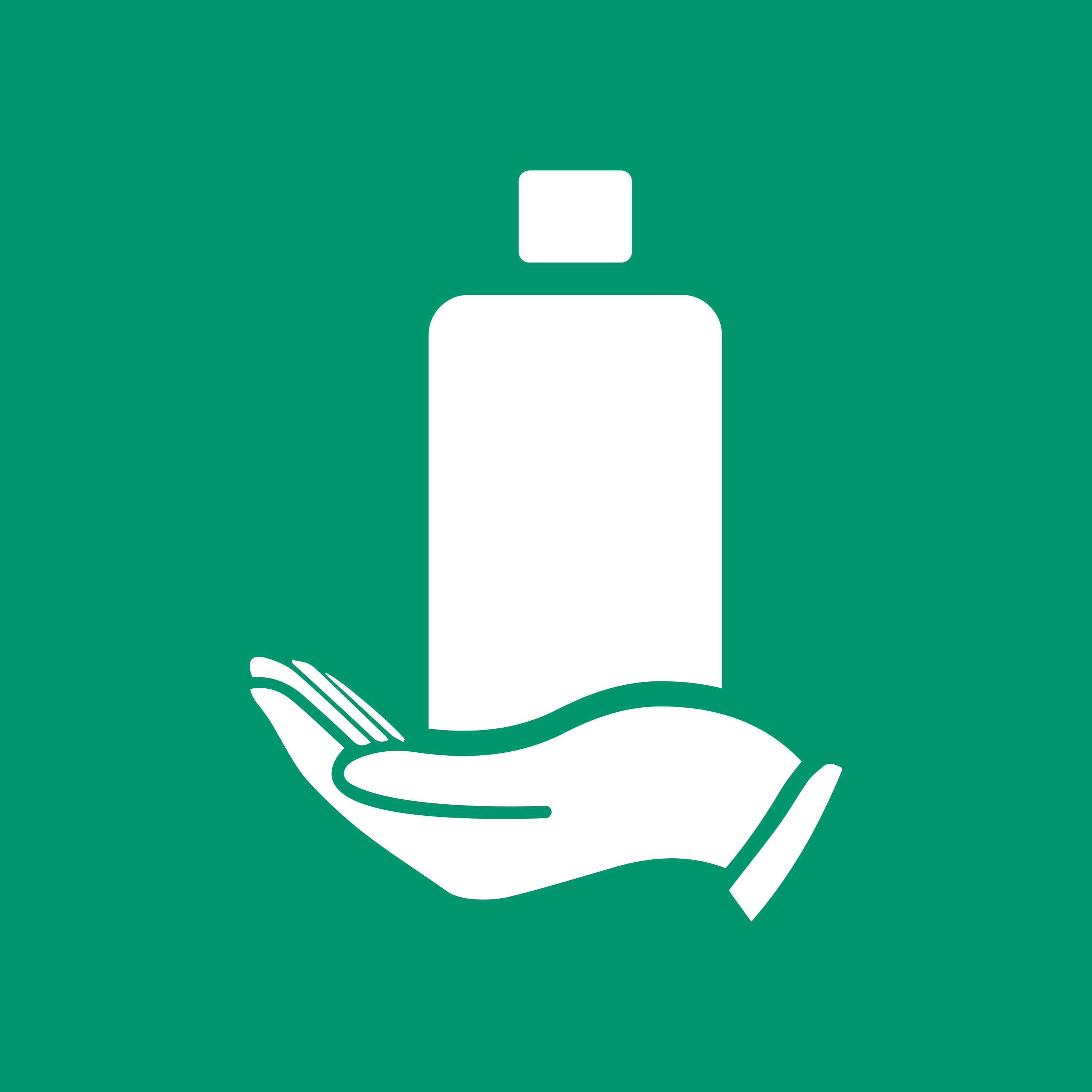 Weiße Hand-Silhouette mit weißer Flasche und quadratischem Deckel in offener Handfläche auf türkisem Hintergrund