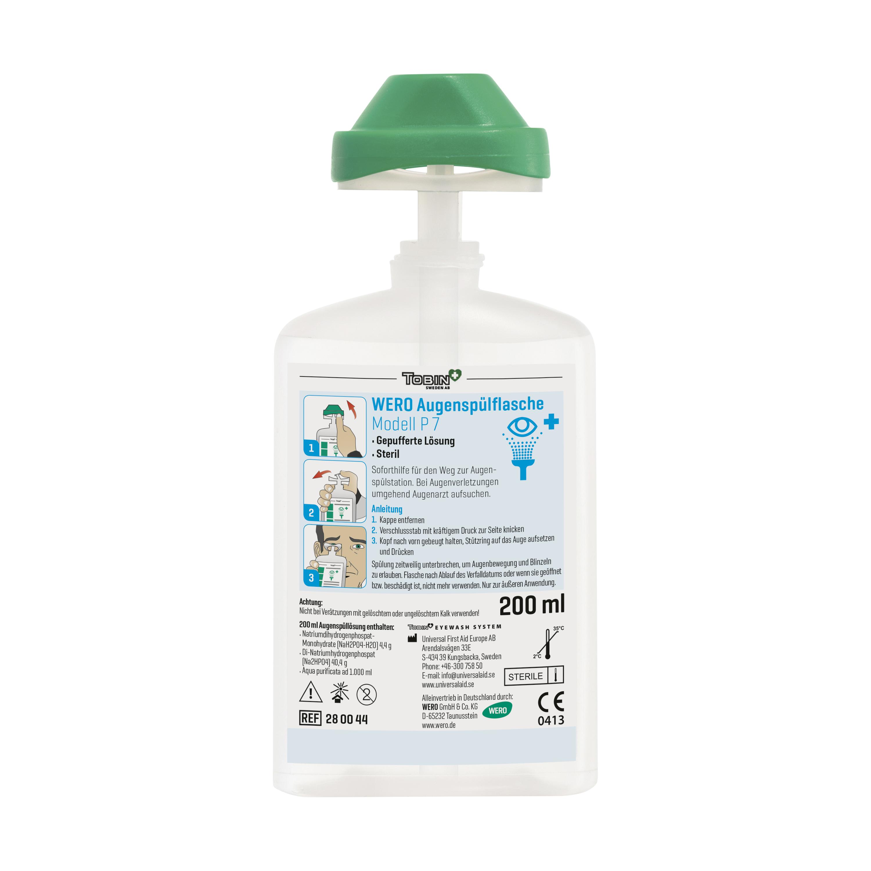 Eine durchsichtige, ungeöffnete WERO Augenspülflasche Modell P 7 mit Entnahmekappe und 200 ml steriler, gepufferter Lösung steht aufrecht.