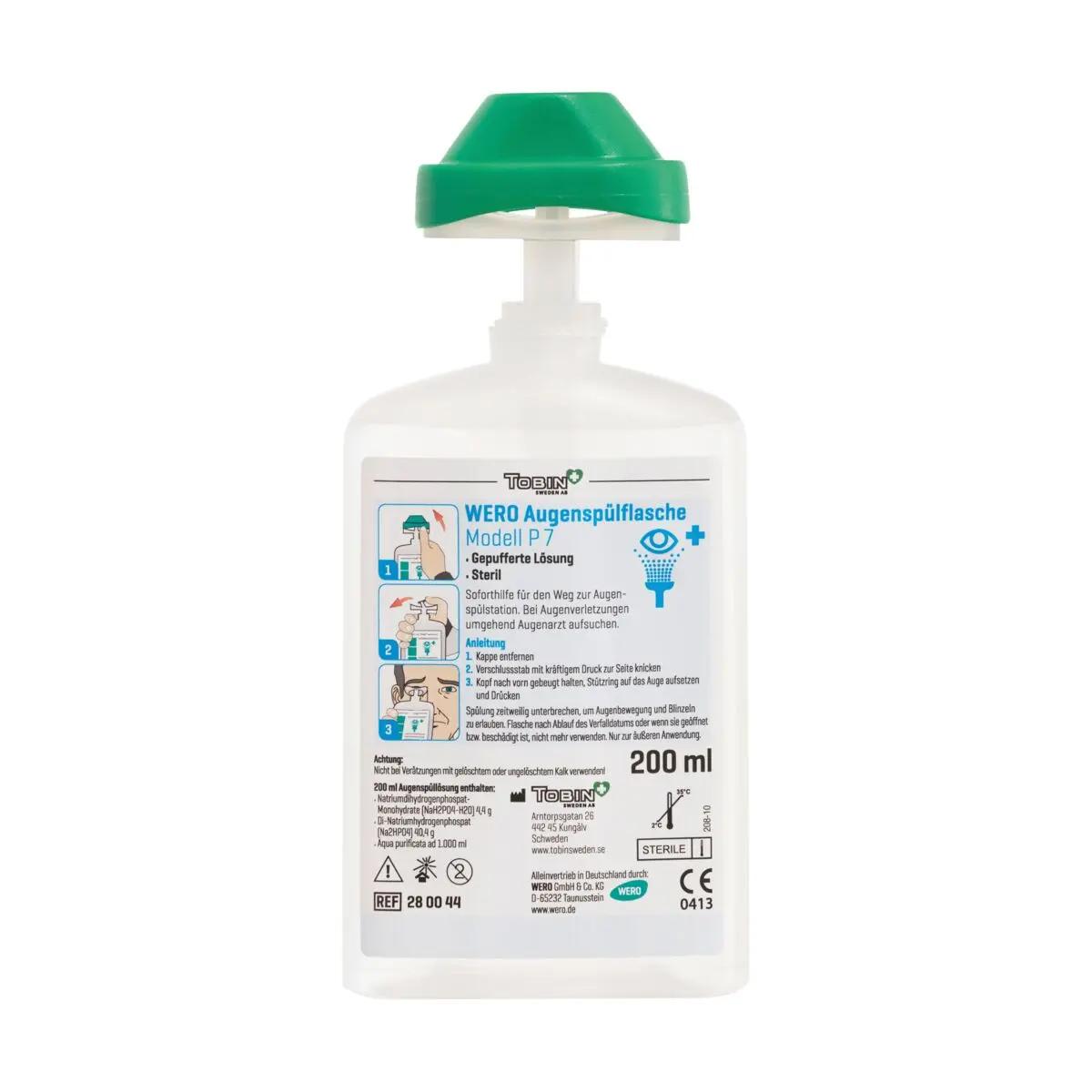 Eine durchsichtige, ungeöffnete WERO Augenspülflasche Modell P 7 mit Entnahmekappe und 200 ml steriler, gepufferter Lösung steht aufrecht.