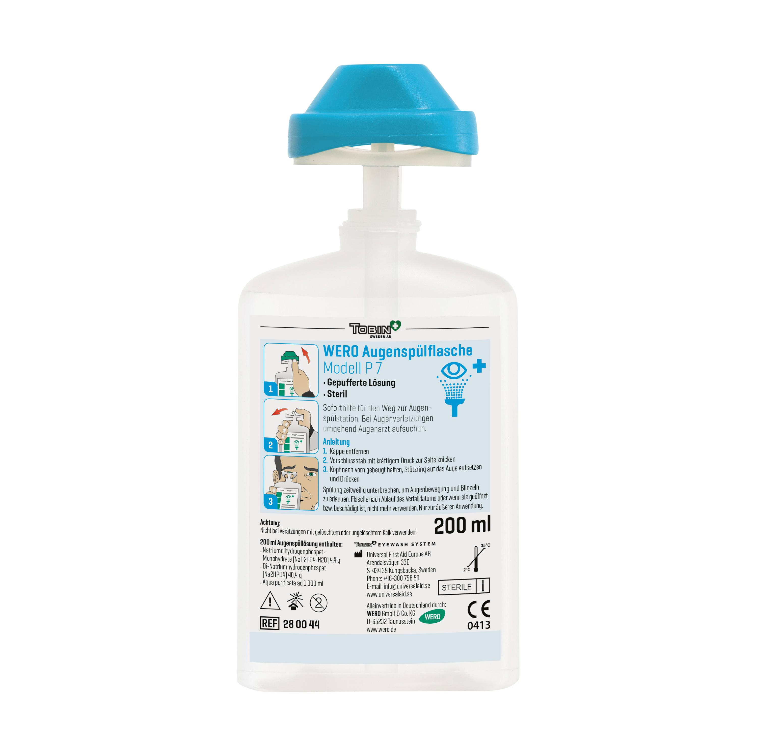 Eine durchsichtige, ungeöffnete WERO Augenspülflasche Modell P 7 mit Entnahmekappe und 200 ml steriler, gepufferter Lösung steht aufrecht.