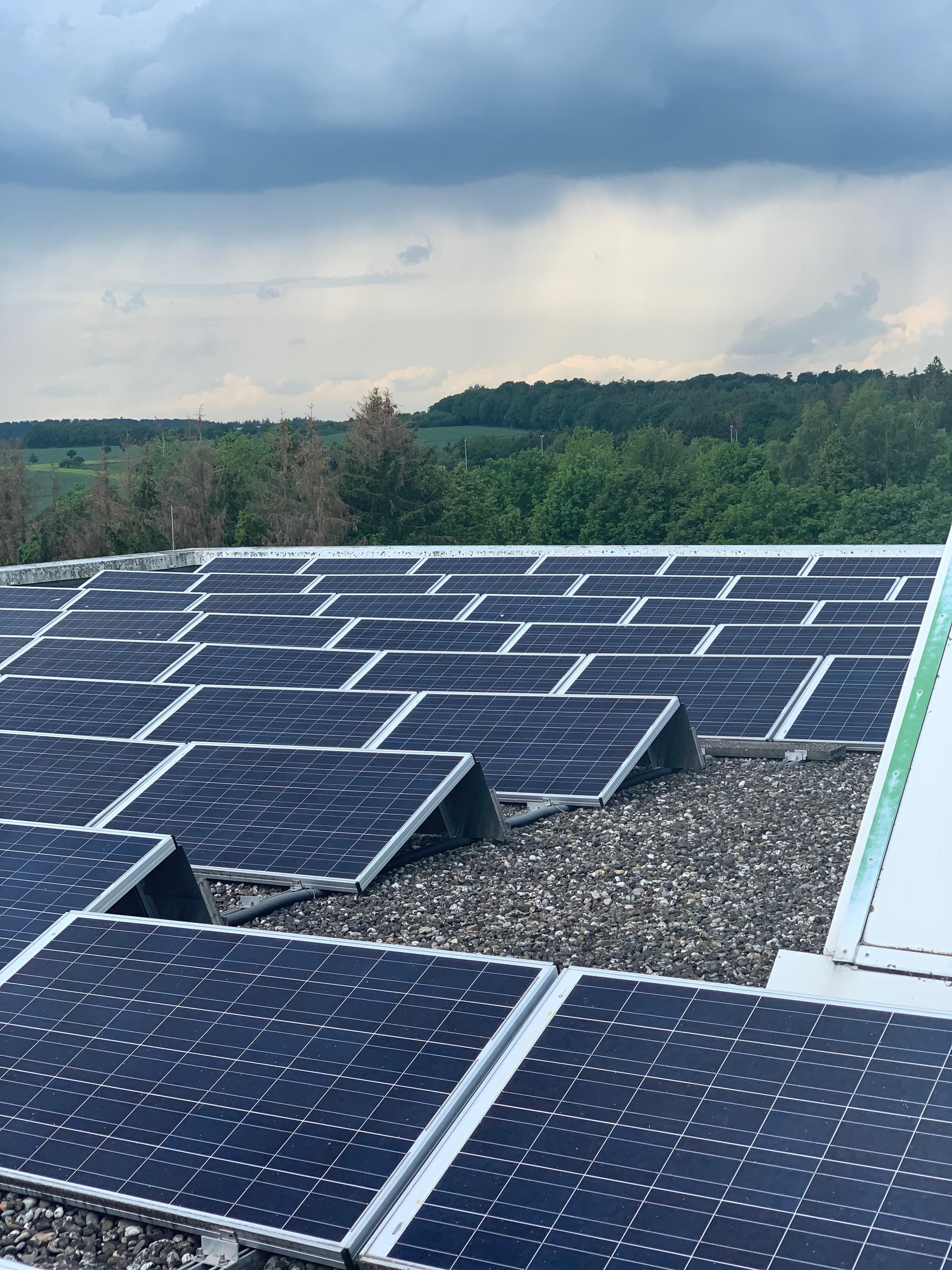 Solaranlage mit mehreren schwarzen Solarmodulen auf einem Flachdach, umgeben von Bäumen und Hügeln im Hintergrund