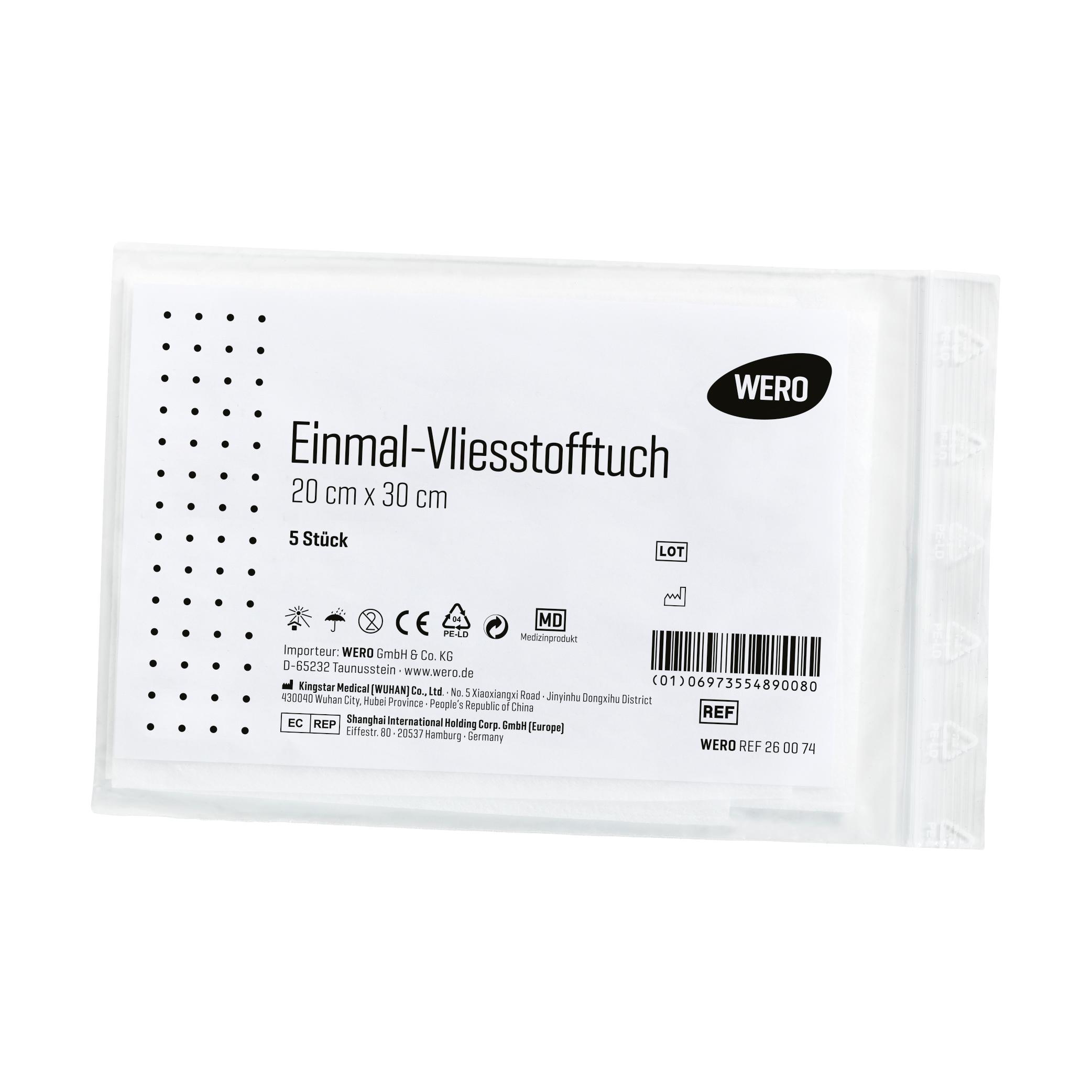 Einmal-Vliesstofftuch für DIN 13157 / 13169 im hygienisch versiegelten 5er-Pack, als weiße Einzeltücher in transparenter Kunststoffhülle.