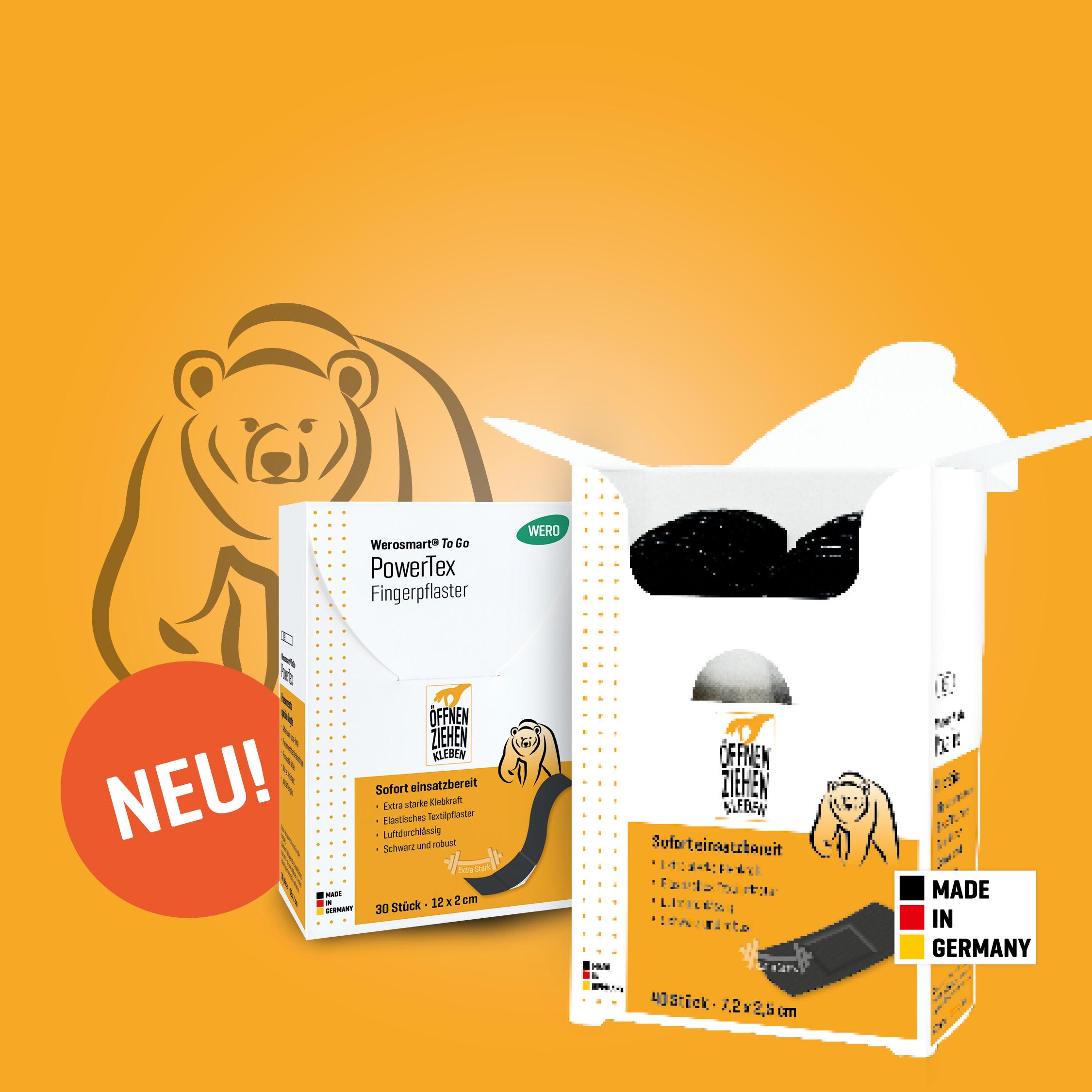 Zwei weiße Verpackungen mit gelben Akzenten für WsoroSmart To Go PowerTex, geeignet für Haustiere, mit Bären- und Tierillustration.