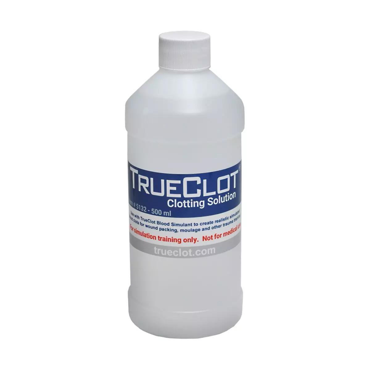 Klare Kunststoffflasche TrueClot® Gerinnungslösung mit weißem Schraubverschluss und blau-weißer Beschriftung für realistische Blutgerinnungssimulation.