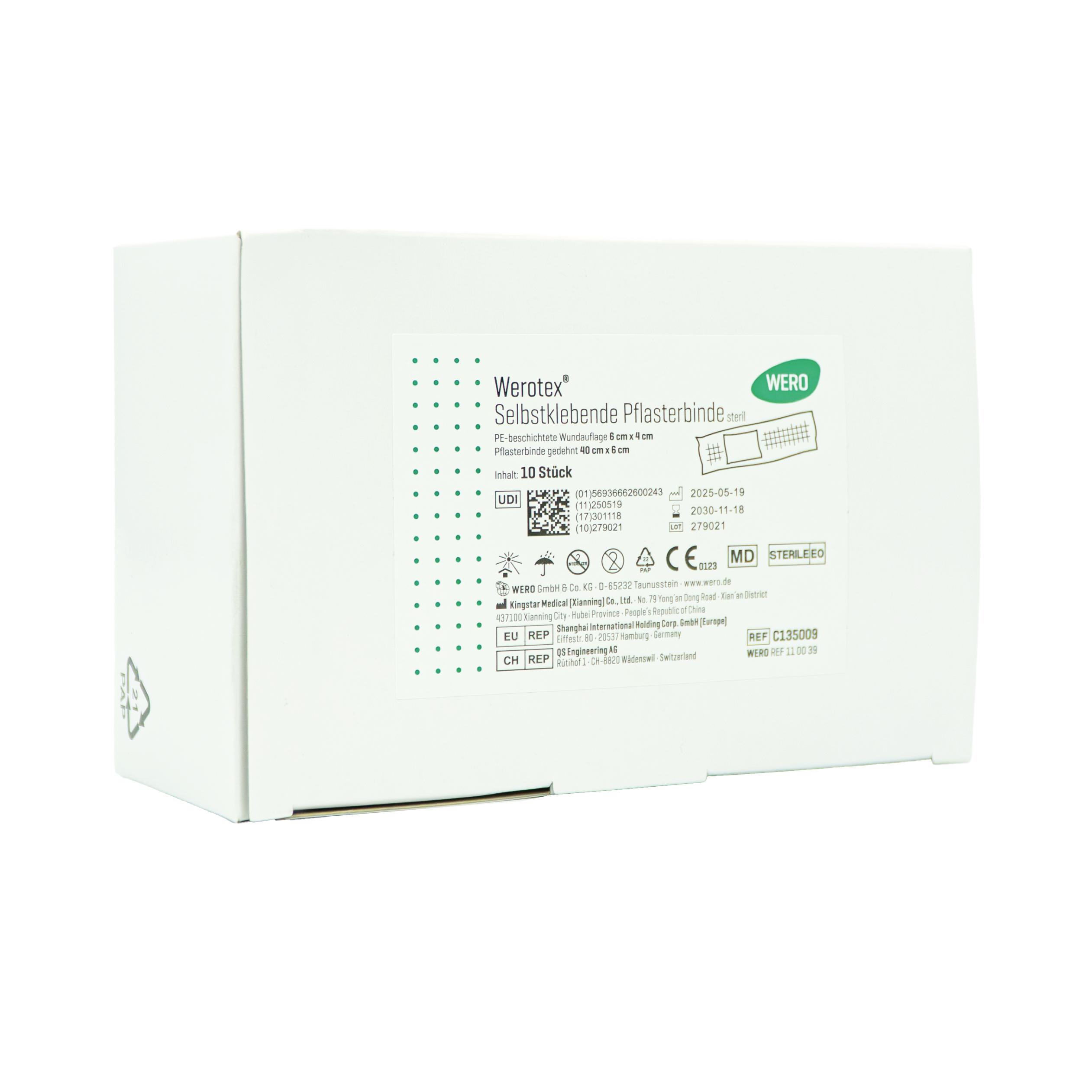 Weiße Verpackung der Werotex® selbstklebenden Pflasterbinde, steril, 10 Stück, mit Herstellerdaten, Produktcode und medizinischen Kennzeichnungen auf dem Etikett