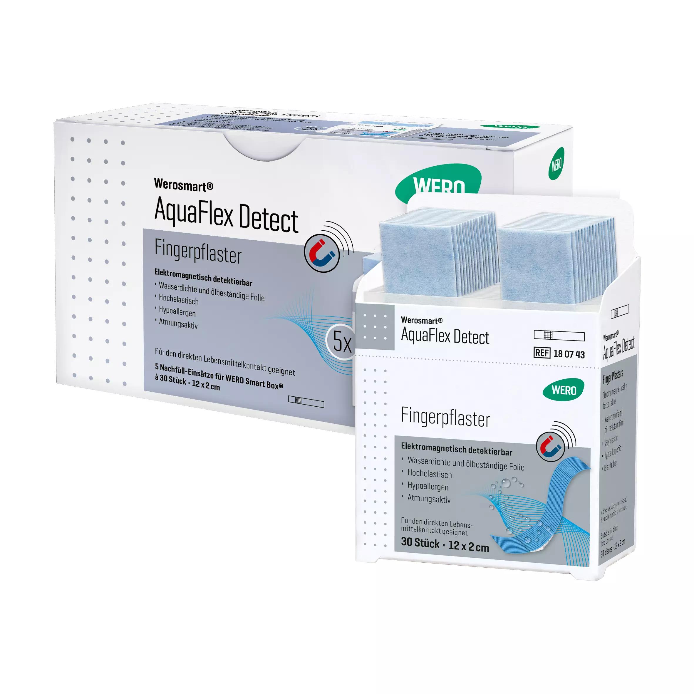 Zwei WeroSmart AquaFlex Detect Fingerpflasterboxen, linke mit 12, rechte mit 6 Stück, hypoallergen und wasserbeständig, auf weißem Hintergrund.