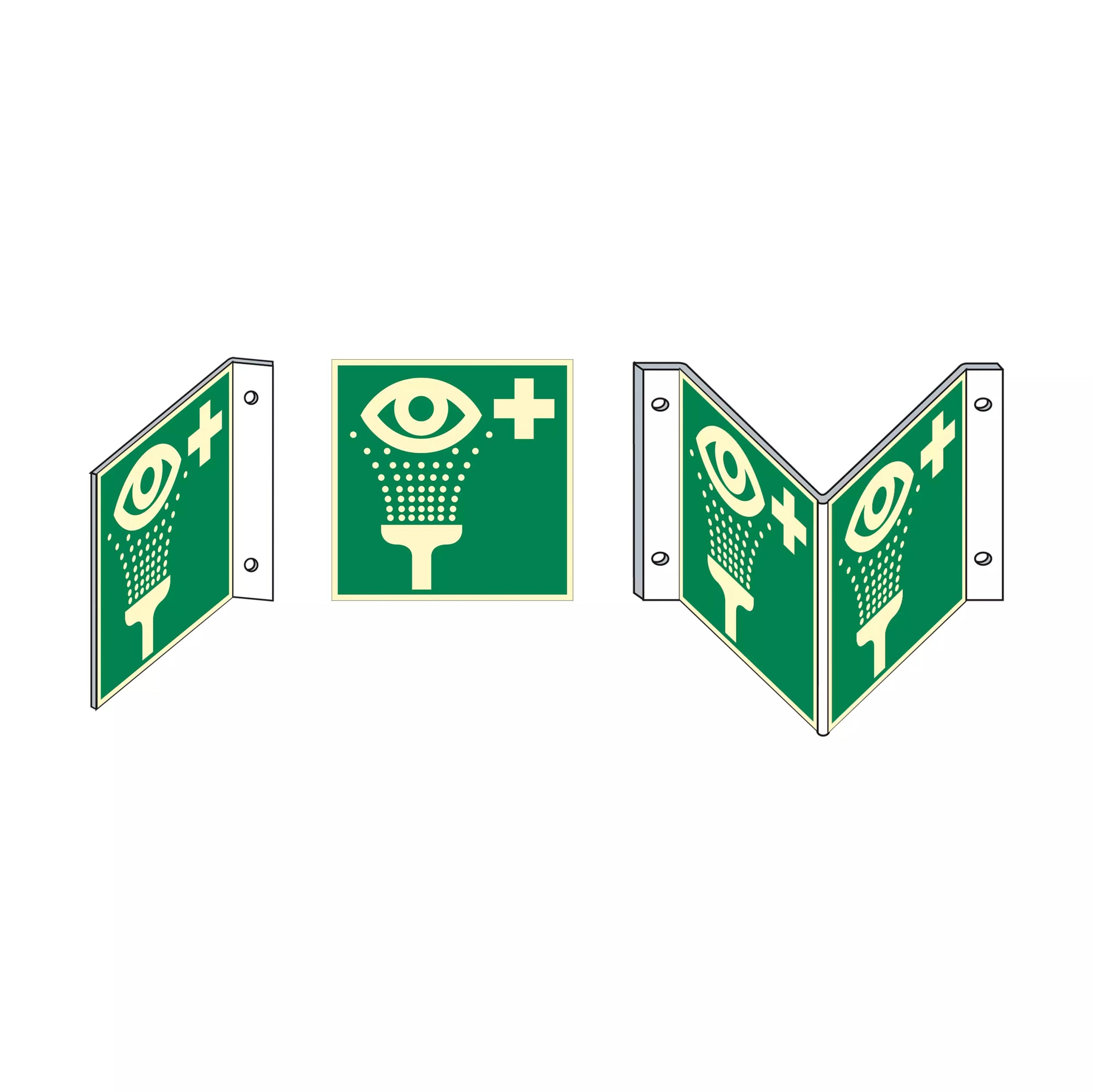 Vier grüne Rettungszeichen - Augenspüleinrichtung - Fahne mit stilisiertem weißen Auge, Kreuz und Tropfen, montiert an weißen Winkeln, vertikal und horizontal angeordnet.