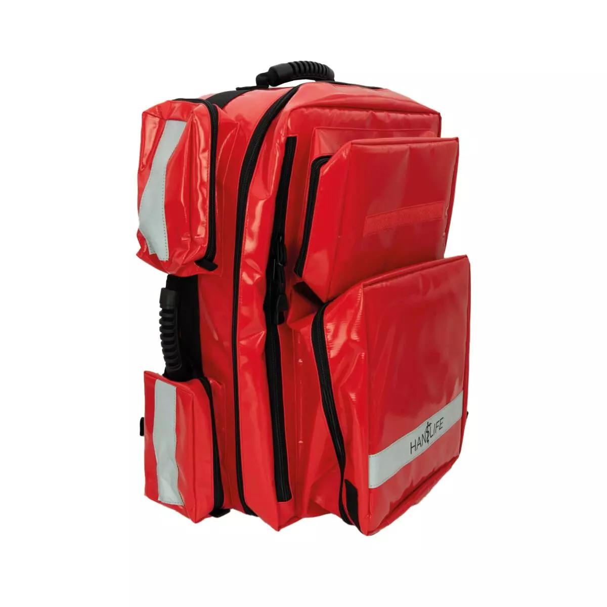 Ein HAN-LIFE Rettungsrucksack PARAMEDIC PLUS in leuchtendem Rot aus PVC-beschichtetem Polyestergewebe mit schwarzen Griffen und großem Stauraum.