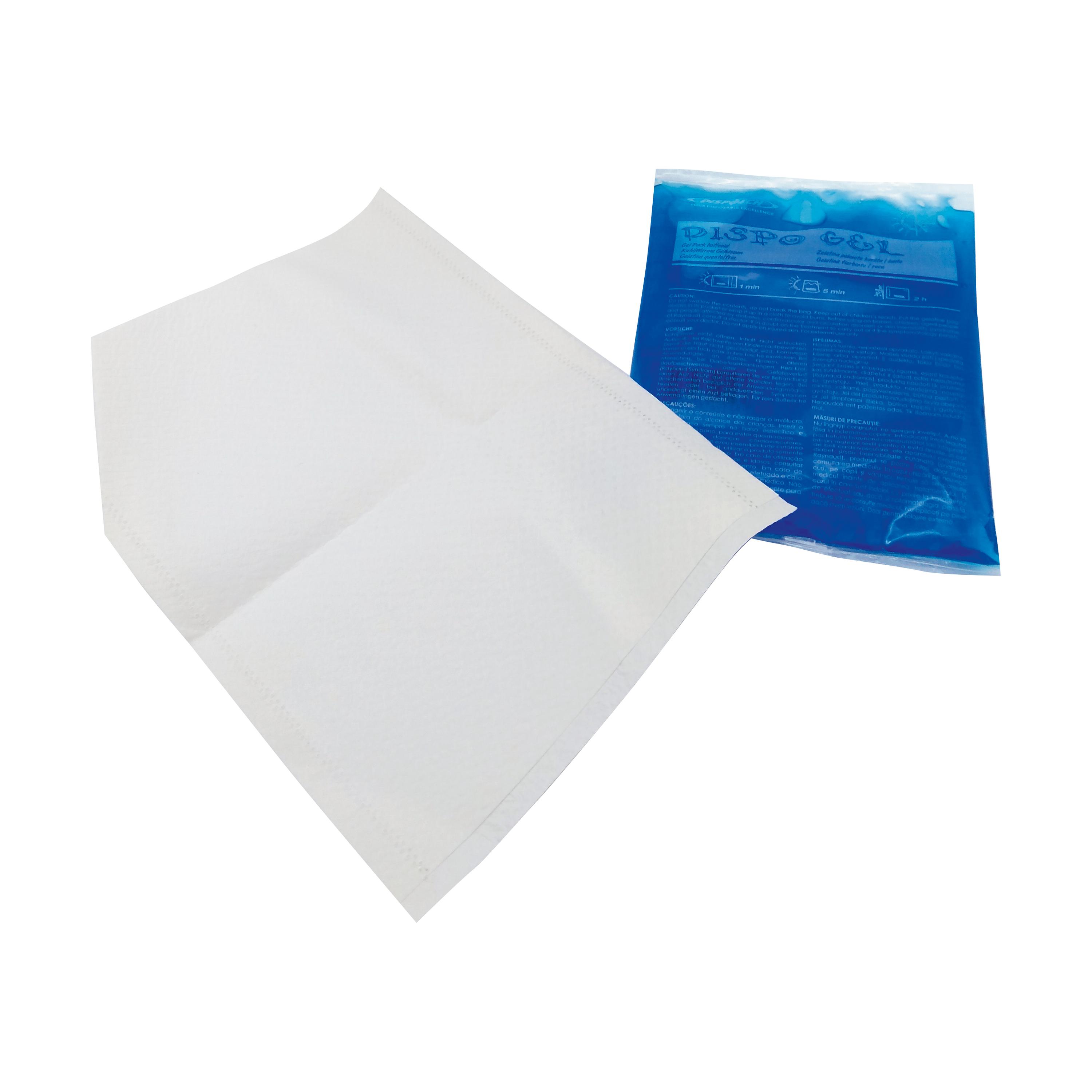 Rechteckige Kalt-Warm Kompresse - 18 cm mit blau-weißer Hülle und weißem Gelkern, unbenutzt und flach aufgelegt.