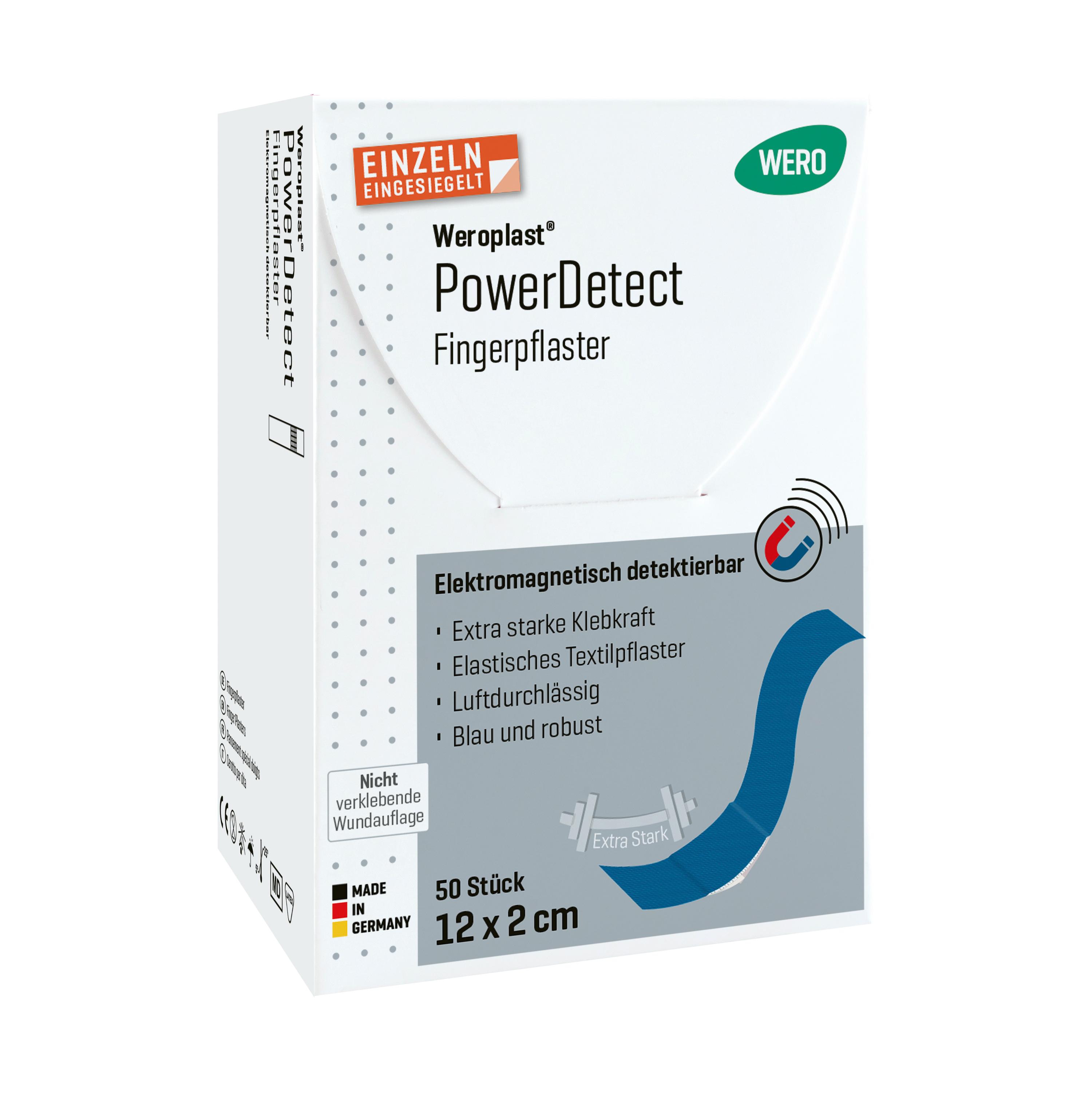 Weiße Box Weroplast® PowerDetect Fingerpflaster, 50 Stück, mit Aluminiumstreifen zur Metalldetektion, längs- und querelastisch, verstärkte Klebkraft.
