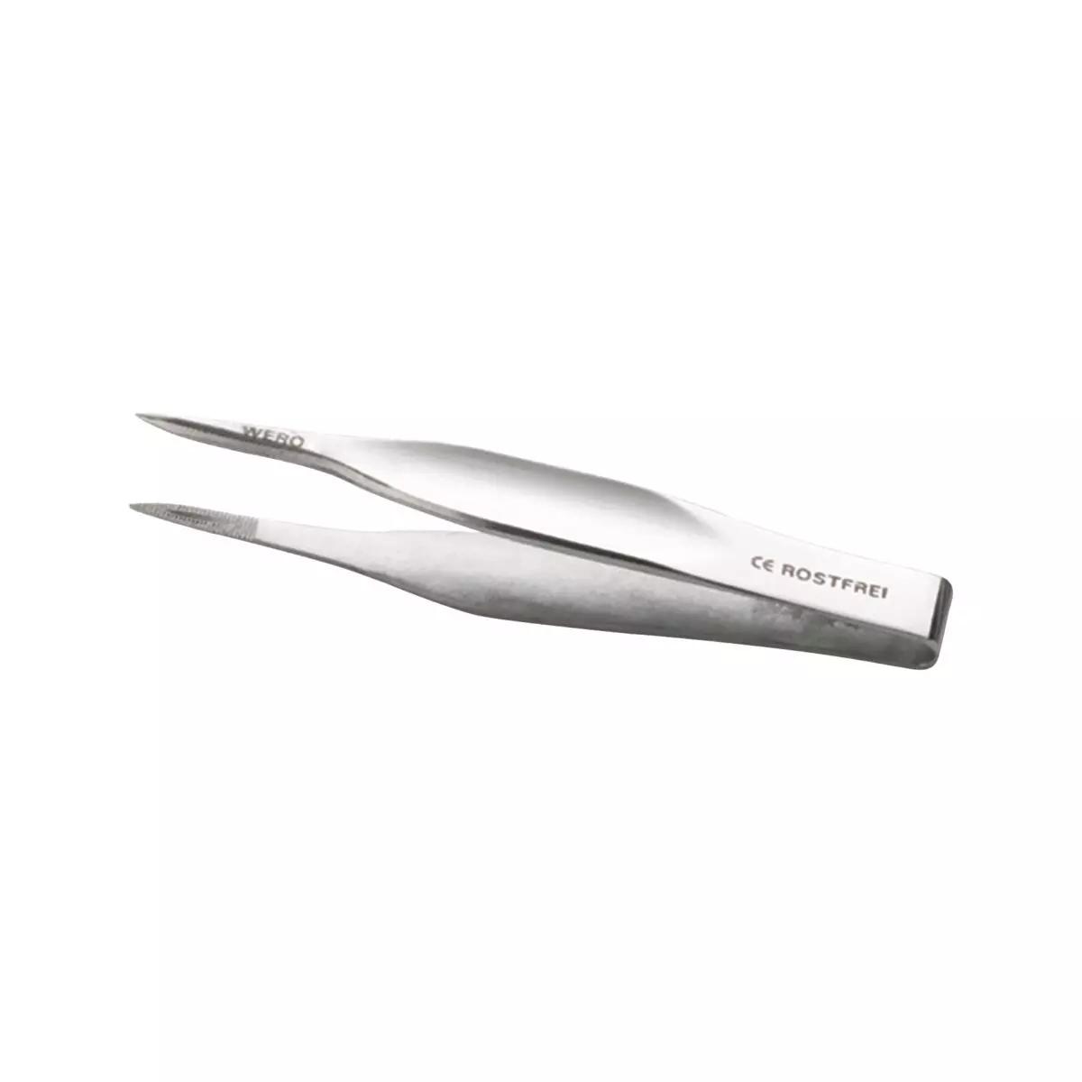 Splitterpinzette nach Feilchenfeld, 8 cm lang, aus Edelstahl mit gebogenem Griff und feiner Spitze, auf weißem Hintergrund geöffnet dargestellt.