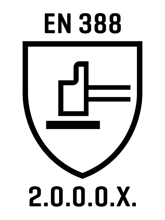 Weißes schildförmiges Logo mit schwarzem Hammer auf Balken
