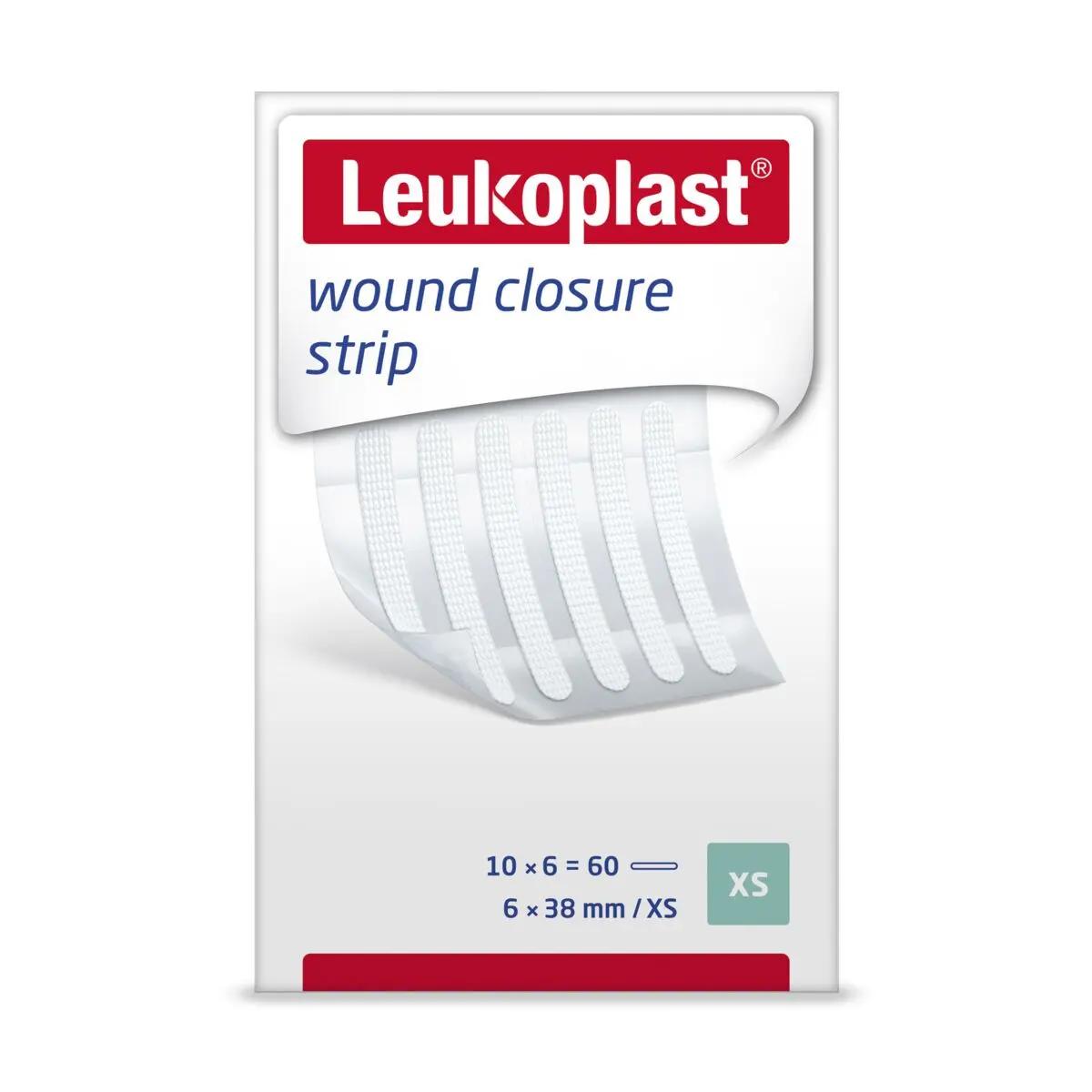 Eine aufrecht stehende Schachtel Leukoplast® Wundnahtstreifen - Größe XS mit Abbildung der Streifen, hautfreundlich und atmungsaktiv, stabile Haftung.