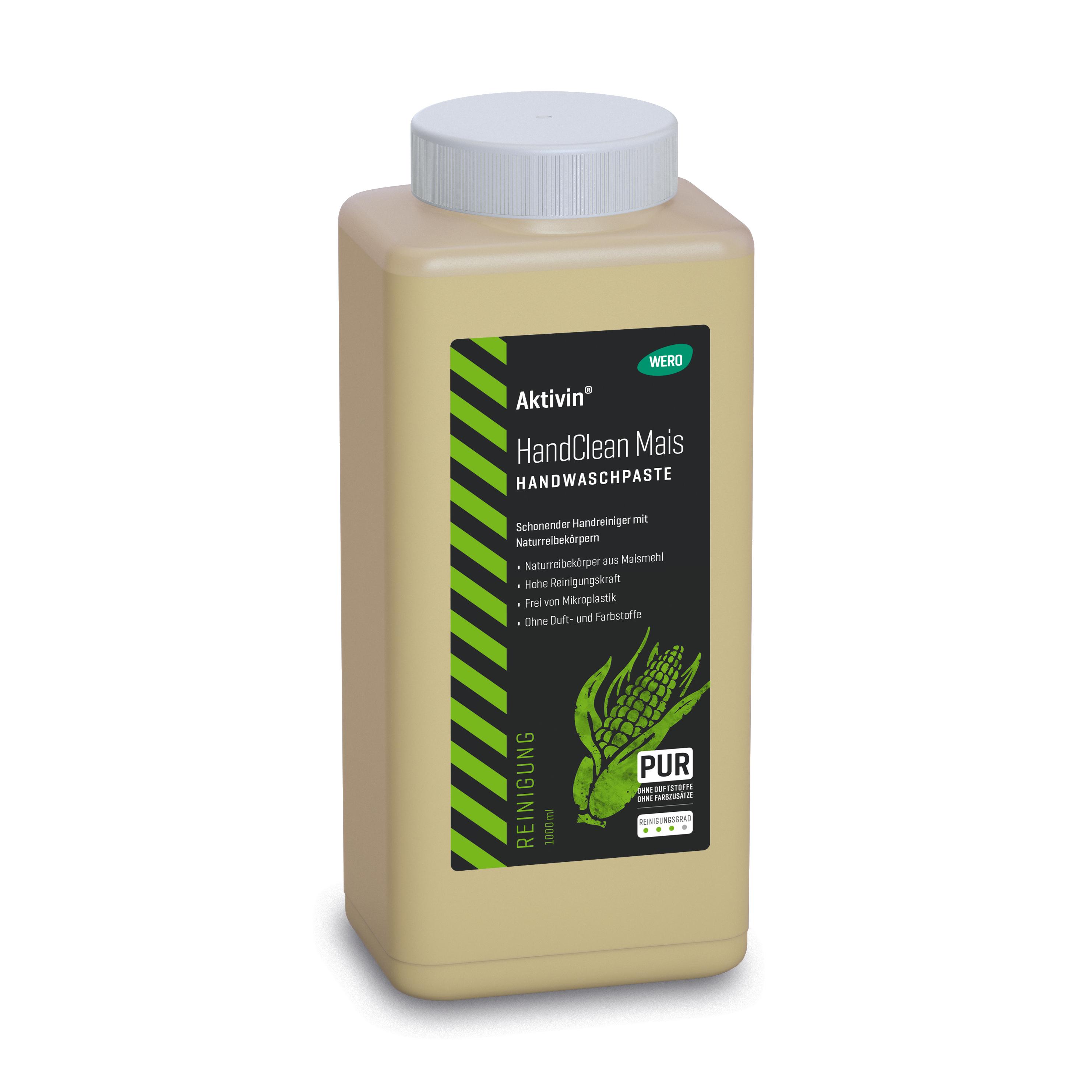 Eine beige Flasche Handwaschpaste Aktivin® HandClean Mais, 1.000 ml, mit Maismehl-Reibekörpern und ohne Duft- oder Farbstoffe.
