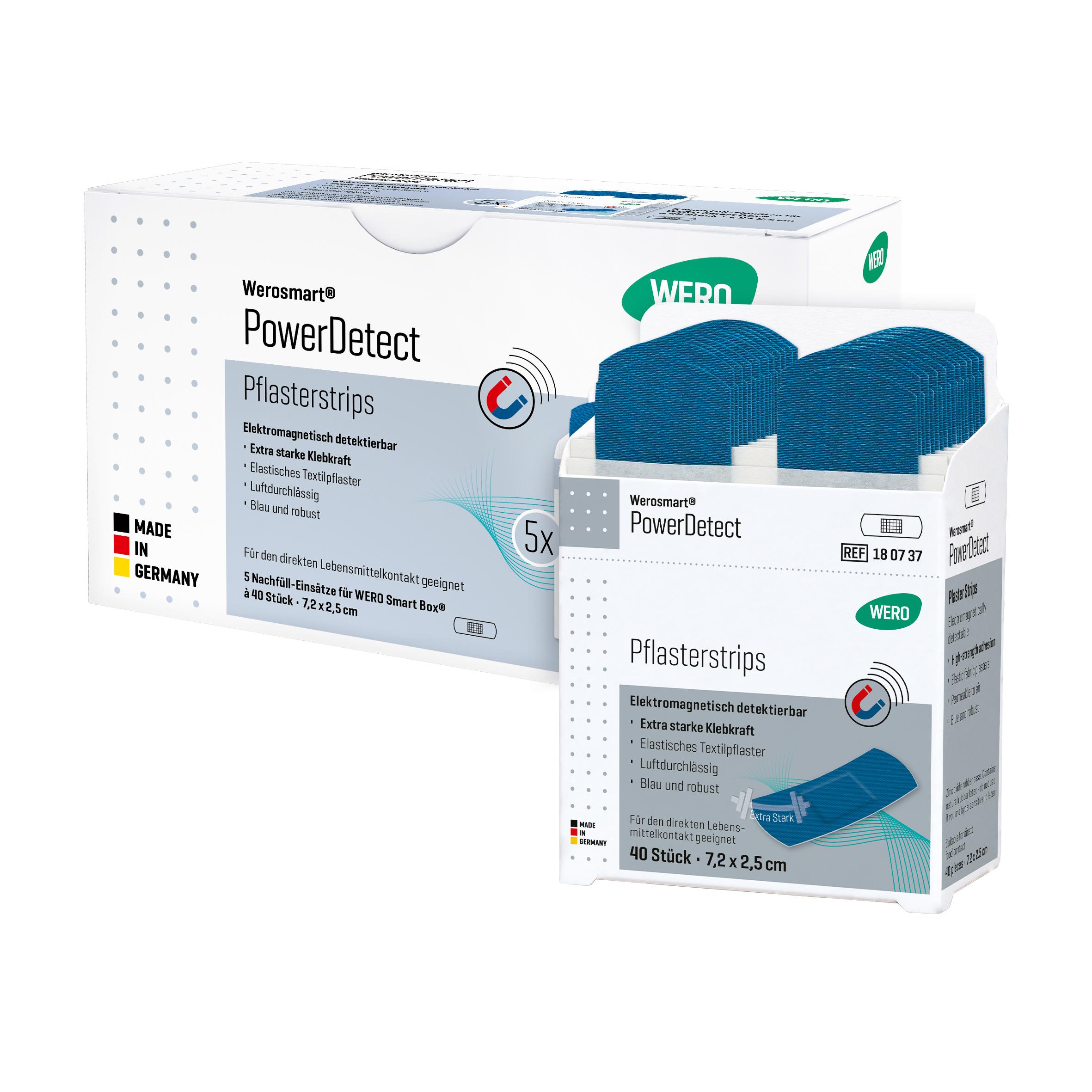 Zwei Verpackungen der Werosmart® PowerDetect Pflasterspender-Einsätze Pflasterstrips mit blauer Farbe und extra starker Klebekraft nebeneinander.