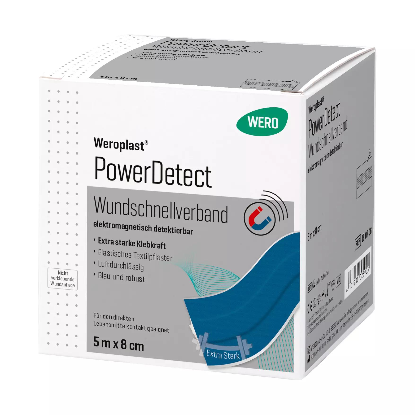 Eine rechteckige Box Wundschnellverband Weroplast® PowerDetect zeigt detektierbares, blaues, längs- und querelastisches Textilgewebe mit extra starker Klebkraft.