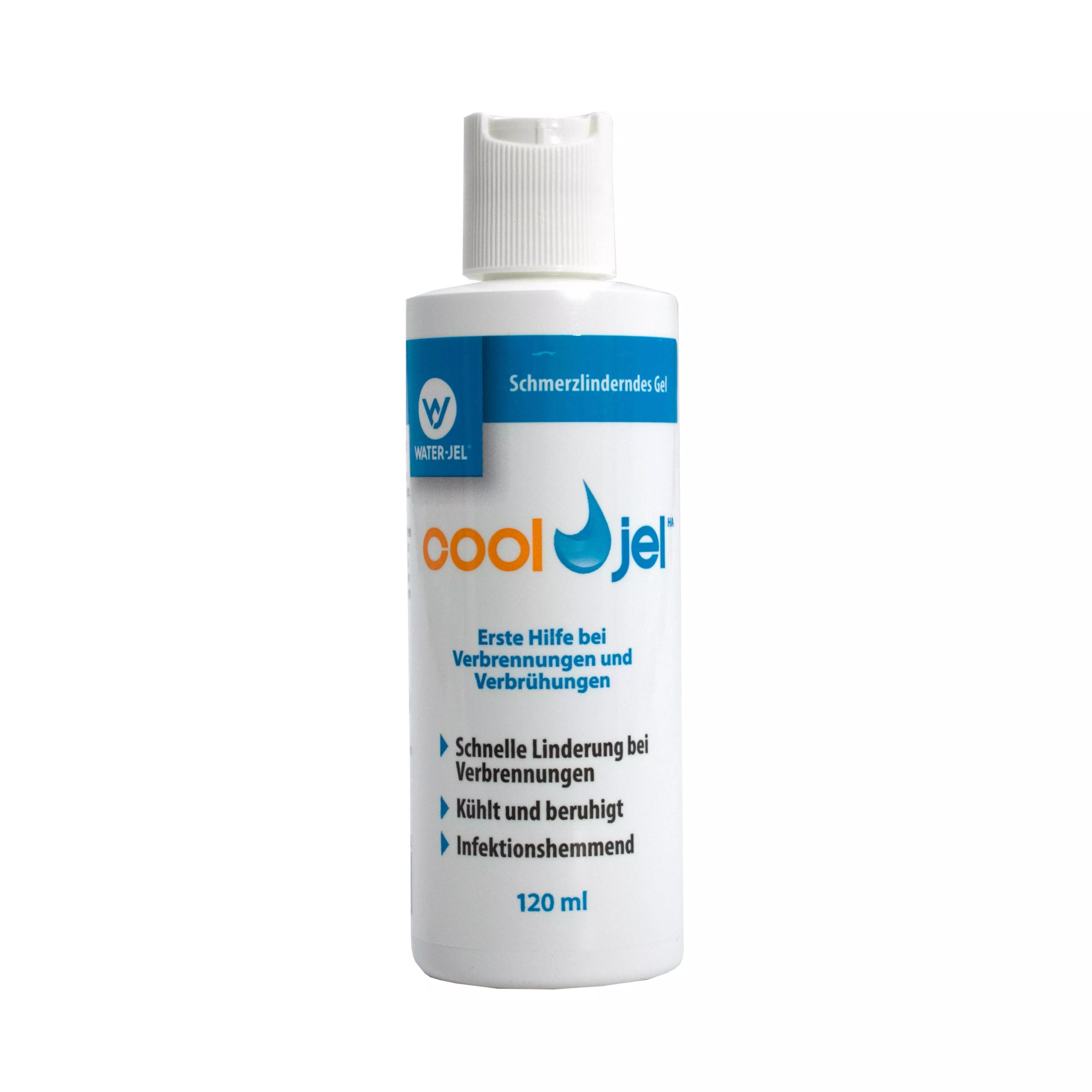 Weiße Flasche COOL JEL – Kühlendes Gel bei Verbrennungen mit blauem Deckel und mehrfarbiger Beschriftung, 120 ml Inhalt.