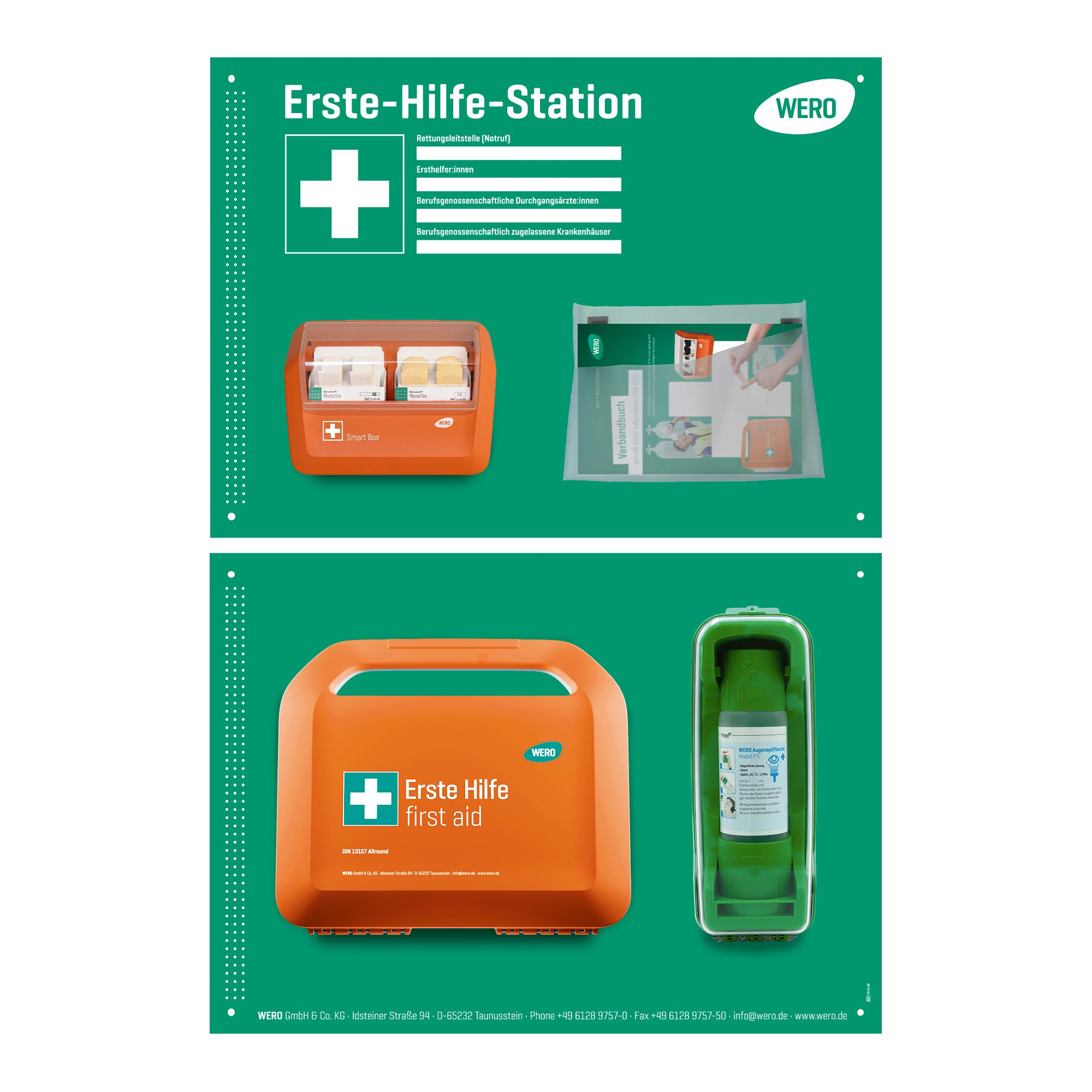 Zwei grüne Poster mit Produktbildern der WERO Erste-Hilfe-Station Pro, zeigen Koffer mit Sofortpflasterspender und einer Augenspülflasche.
