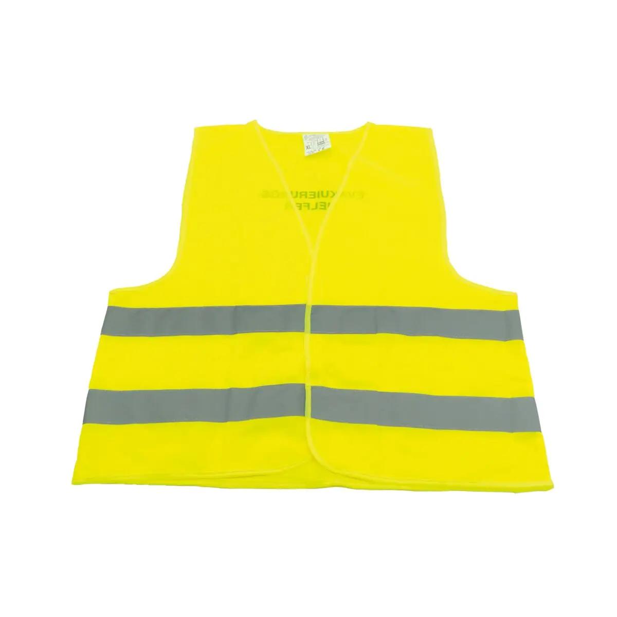 Eine Warnweste für Evakuierungs-Helfer aus gelbem Material mit zwei grauen Reflektorstreifen liegt glatt ausgebreitet, vorne sichtbar.