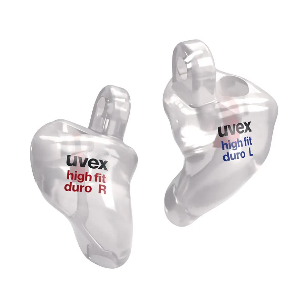 Transparente uvex high-fit duro Otoplastik aus formstabilem Duroplastmaterial mit ergonomischem Griffstück für druckfreien, individuellen Gehörschutz.