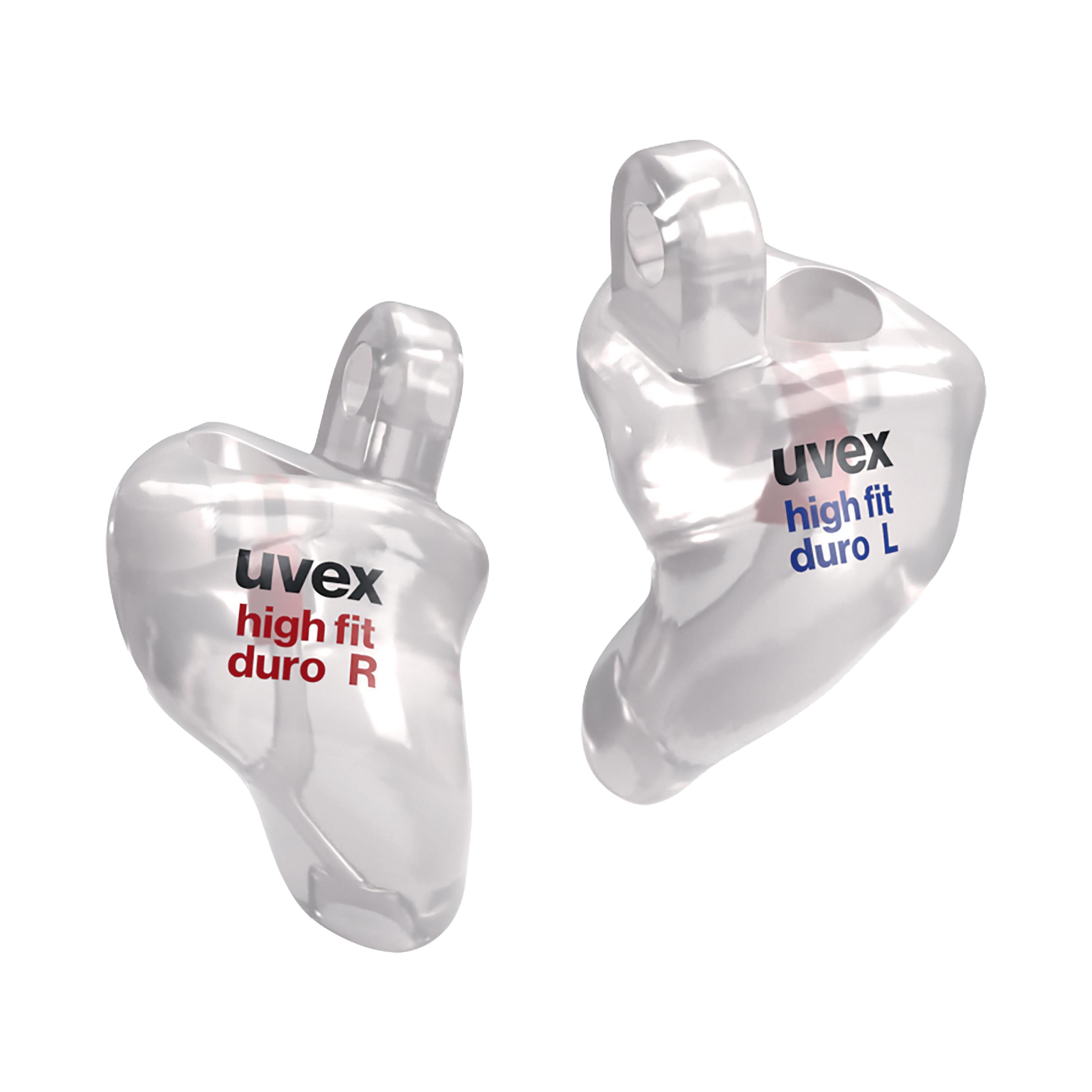 Transparente uvex high-fit duro Otoplastik aus formstabilem Duroplastmaterial mit ergonomischem Griffstück für druckfreien, individuellen Gehörschutz.