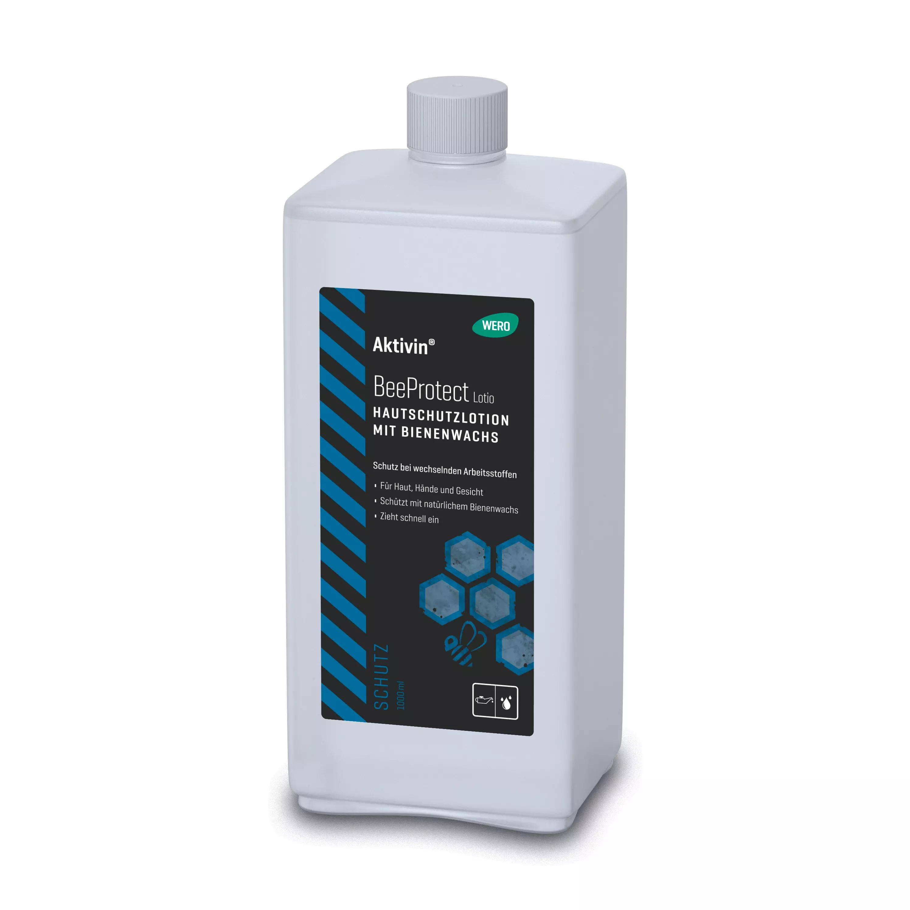 Weiße Euroflasche Hautschutzlotion Aktivin® BeeProtect Lotio, 1.000 ml, mit schwarzem Etikett, blauen Streifen und grünem Hinweis, Schraubverschluss.