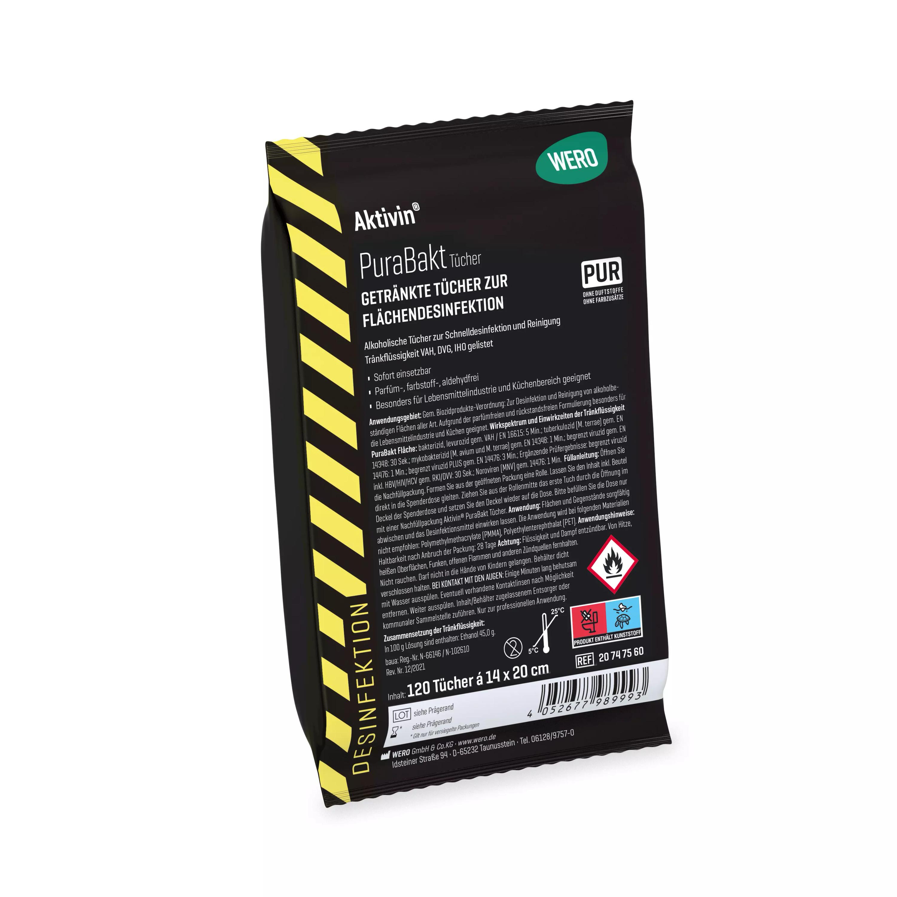 Eine Packung Flächendesinfektionstücher Aktivin® PuraBakt - Nachfüllpackung, 120 Tücher, wirkt bakterizid, viruzid und levurozid.