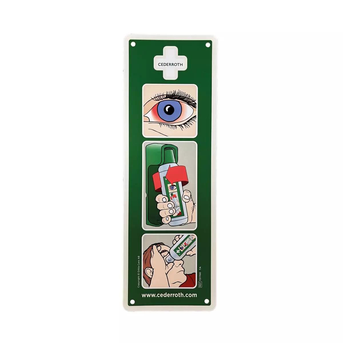 Grünes Hinweisschild mit weißem Kreuz und Cederroth-Logo, zeigt drei Schritt-für-Schritt-Illustrationen zur Anwendung der Augenspülung.
