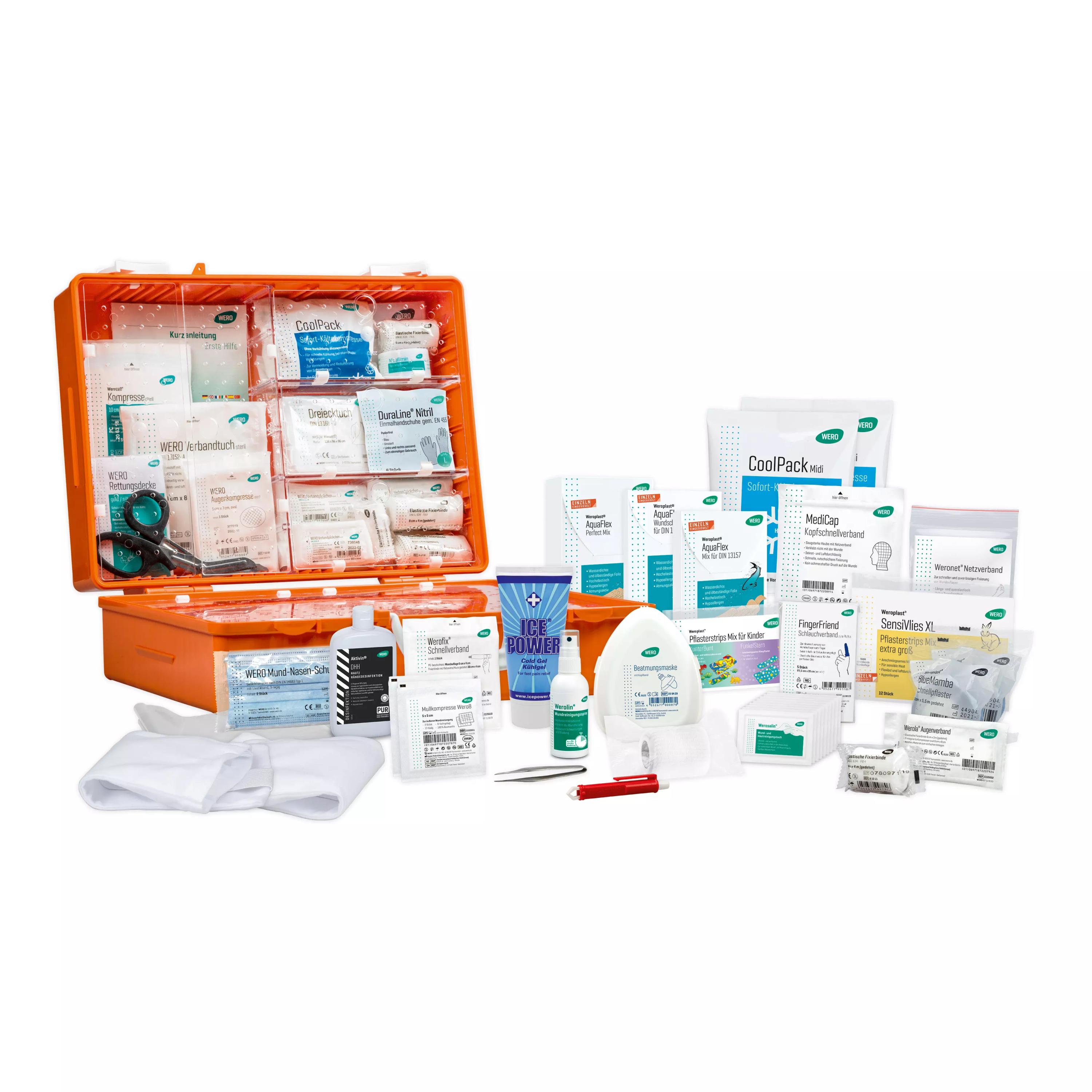 Offener Werotop® 450 Erste Hilfe Koffer KiTa / Schule DIN 13157 mit sortierten Verbandsmaterialien, WERO Füllung und CoolPack Kältekompresse.