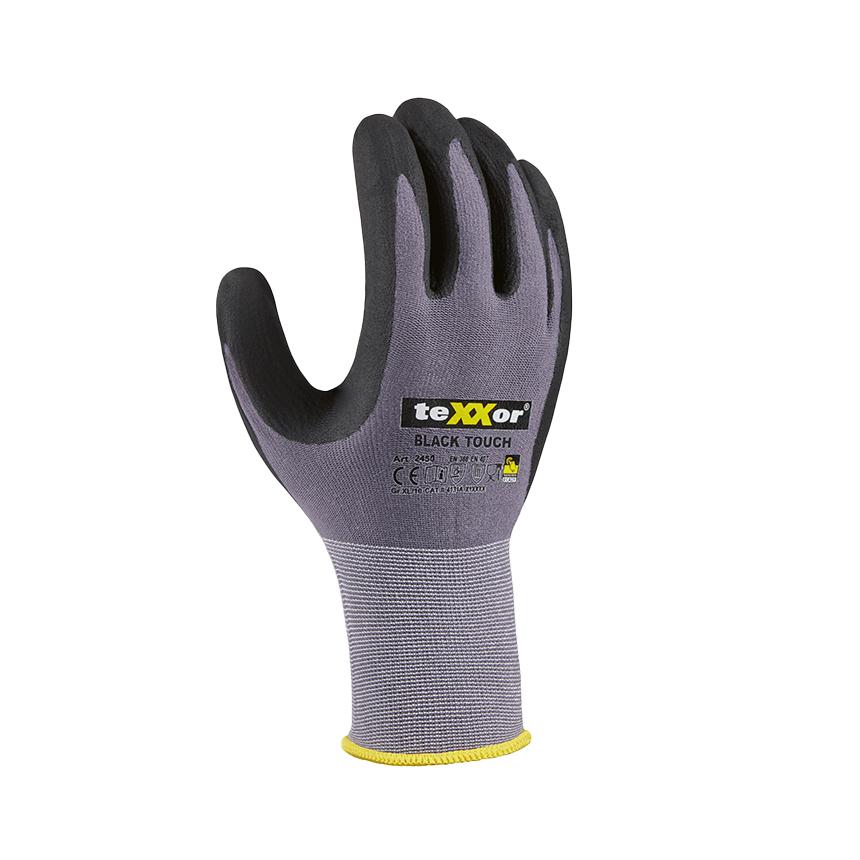 Ein Nylon-Strickhandschuh teXXor BLACK TOUCH, Größe 10, mit gelbem Bündchen und schwarzer, griffiger Handinnenfläche, liegt flach mit gespreizten Fingern.