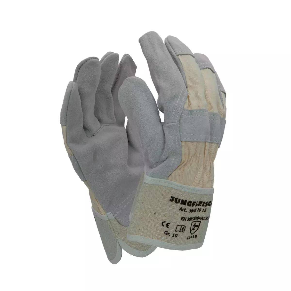 Zwei Rindspaltlederhandschuhe, naturfarben, mit innen gefütterter Baumwolle und verstärkten Fingerbereichen, liegen nebeneinander.