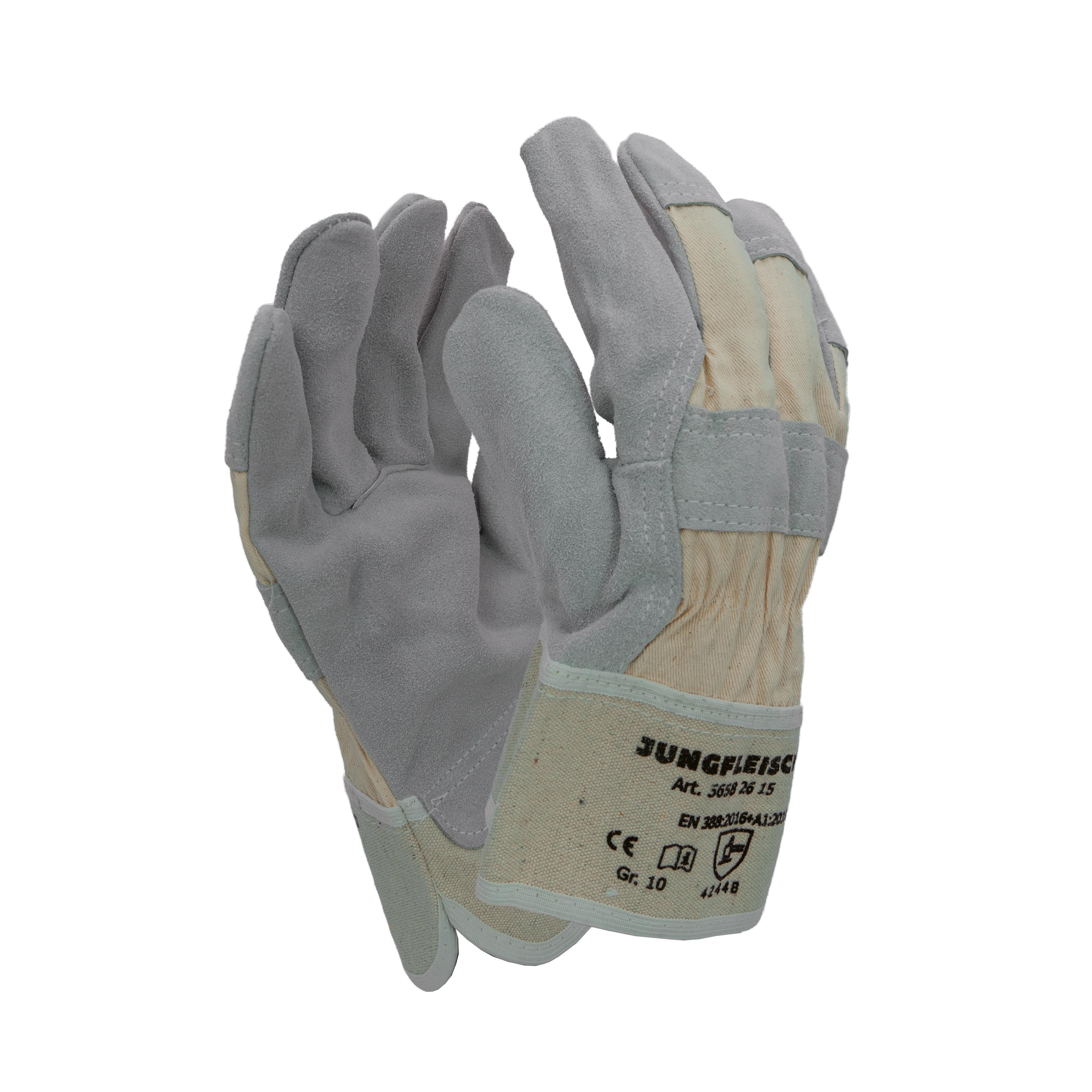 Zwei Rindspaltlederhandschuhe, naturfarben, mit innen gefütterter Baumwolle und verstärkten Fingerbereichen, liegen nebeneinander.