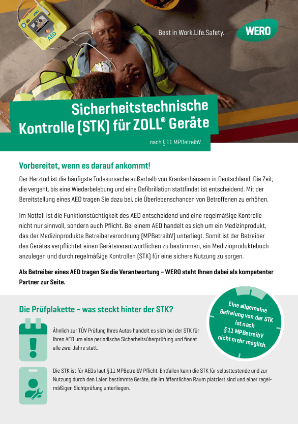 Ein Mann in gelber Warnweste und Helm liegt neben einem gelben AED-Gerät, ergänzt durch Hinweise zur sicherheitstechnischen Kontrolle.