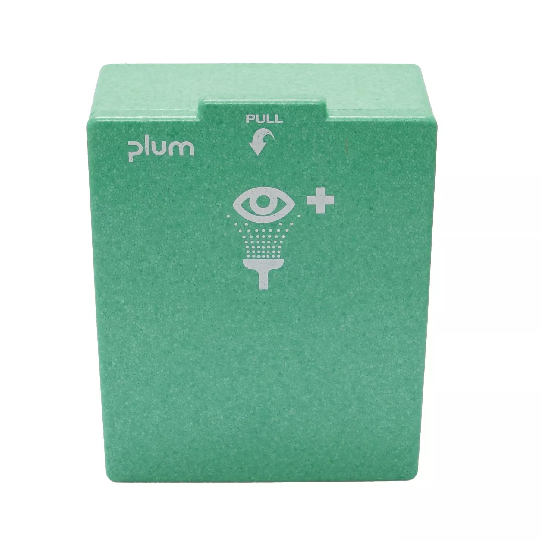 Rechteckige grüne PLUM Augenspülstation 4650 mit Aufdruck einer Dusche, Griffmulde oben und weißer "PULL"-Beschriftung.