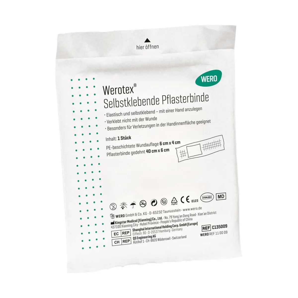 Weiße WERO Einmal-Selbsthaftbinde 40 x 60 cm im Einzelpack, mit Produktinformationen und CE-Kennzeichnung auf der Verpackung