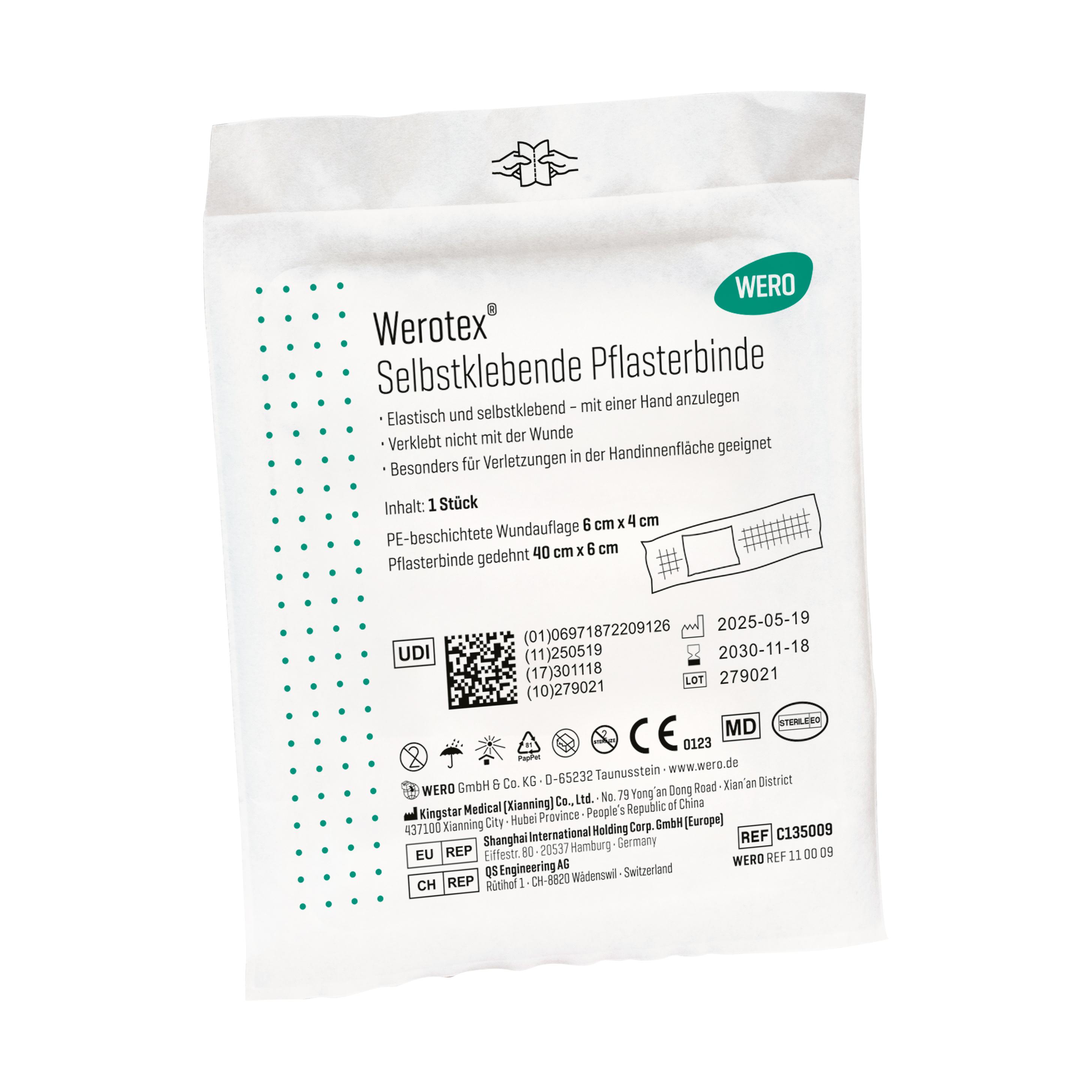 Weiße WERO Einmal-Selbsthaftbinde 40 x 60 cm im Einzelpack, mit Produktinformationen und CE-Kennzeichnung auf der Verpackung