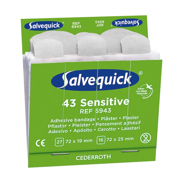 Eine grün-weiße Box Salvequick® Pflasterstrips, Vlies, Refill 6943 - Einsatz mit weißem Label, CE-Kennzeichnung und Cederroth-Logo aufrecht stehend.