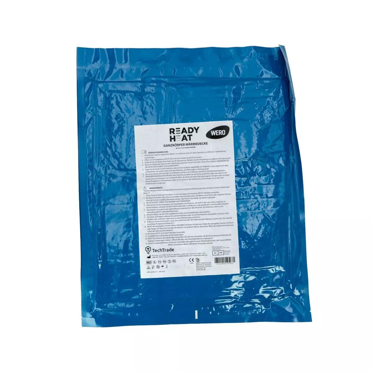 Ready-Heat™ - TMB Full Body Blanket in blau-weißer, luftdichter Verpackung mit Sichtfenster, Barcode und mehrsprachigem Etikett.