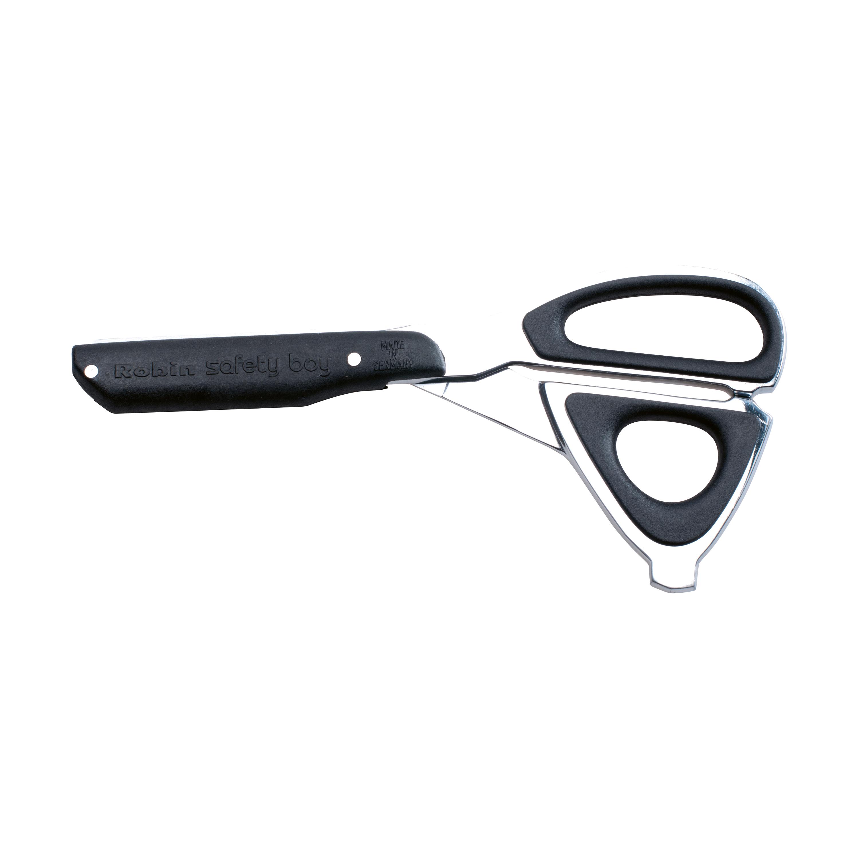 Eine geöffnete Rettungsschere Robin Safety Boy mit schwarzen Griffen, geschmiedetem Stahl und Hammerfunktion liegt flach nebeneinander.
