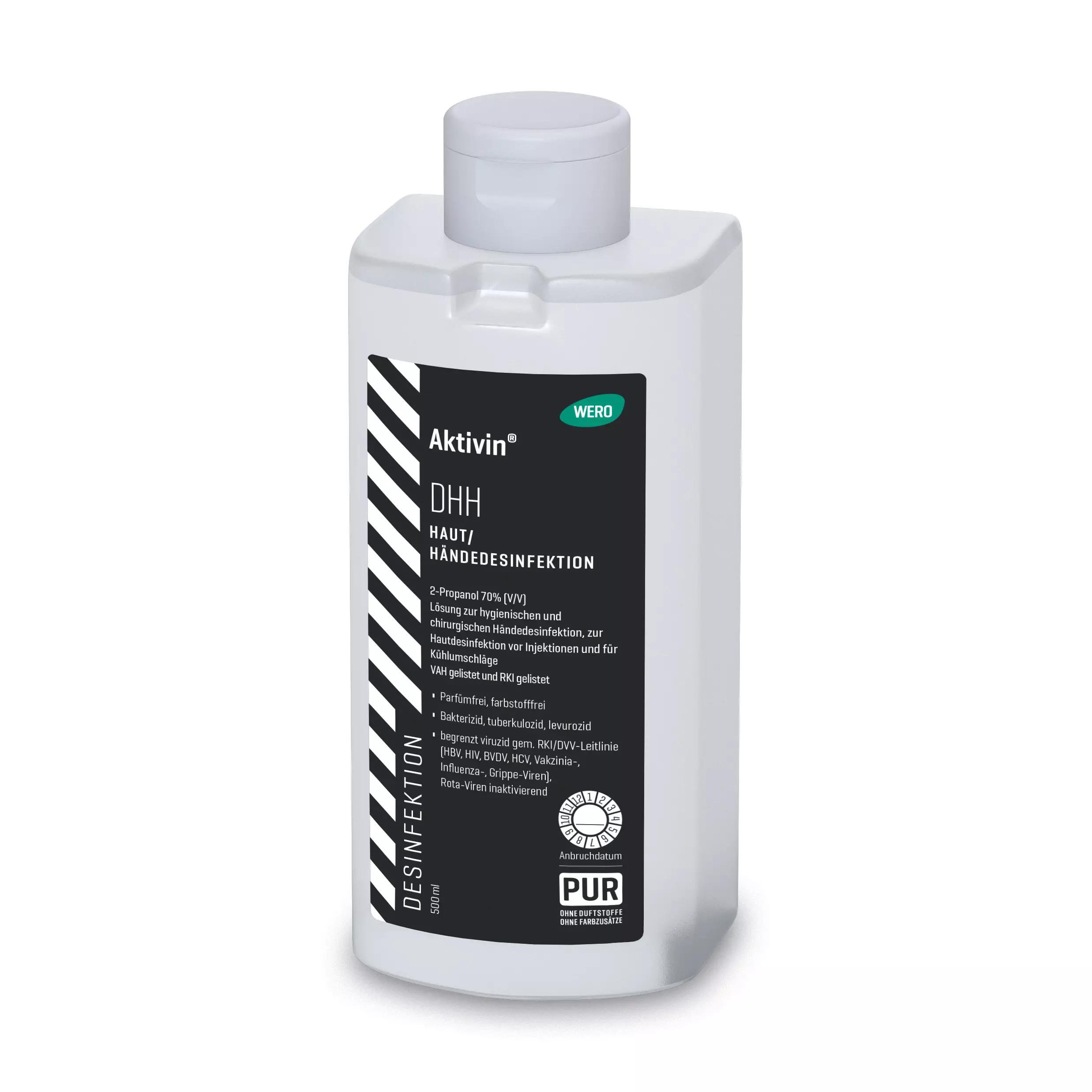 Eine weiße, rechteckige Flasche Haut- und Händedesinfektionsmittel Aktivin® DHH mit schwarzem Etikett und silbernem Verschluss, enthält 70 % 2-Propanol und gereinigtes Wasser.