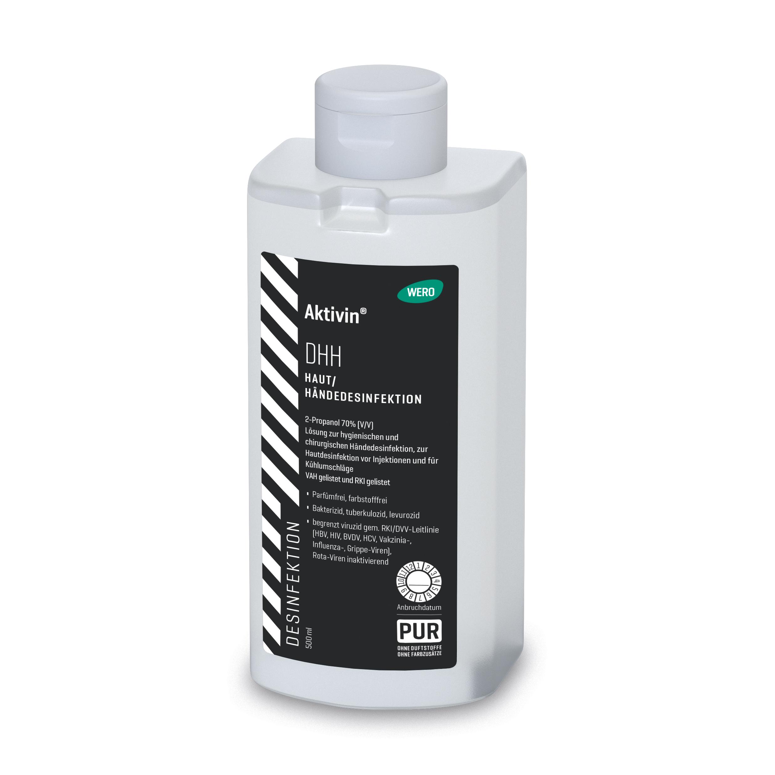 Eine weiße, rechteckige Flasche Haut- und Händedesinfektionsmittel Aktivin® DHH mit schwarzem Etikett und silbernem Verschluss, enthält 70 % 2-Propanol und gereinigtes Wasser.