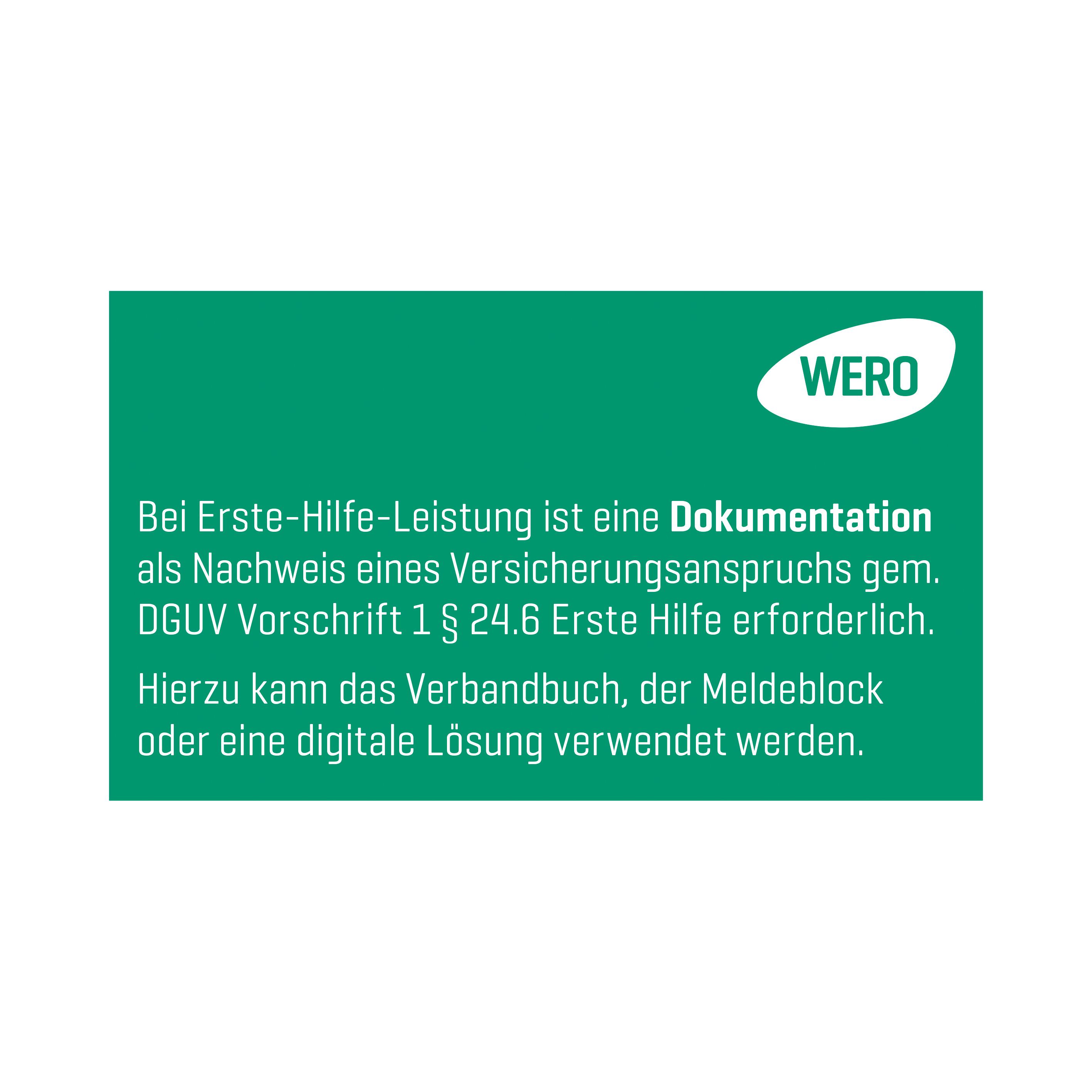 Grüne Aufkleber „Dokumentation von Erste Hilfe Leistungen“ mit weißem WERO-Logo, erklärendem Text und DGUV Erste Hilfe Kennzeichnung.