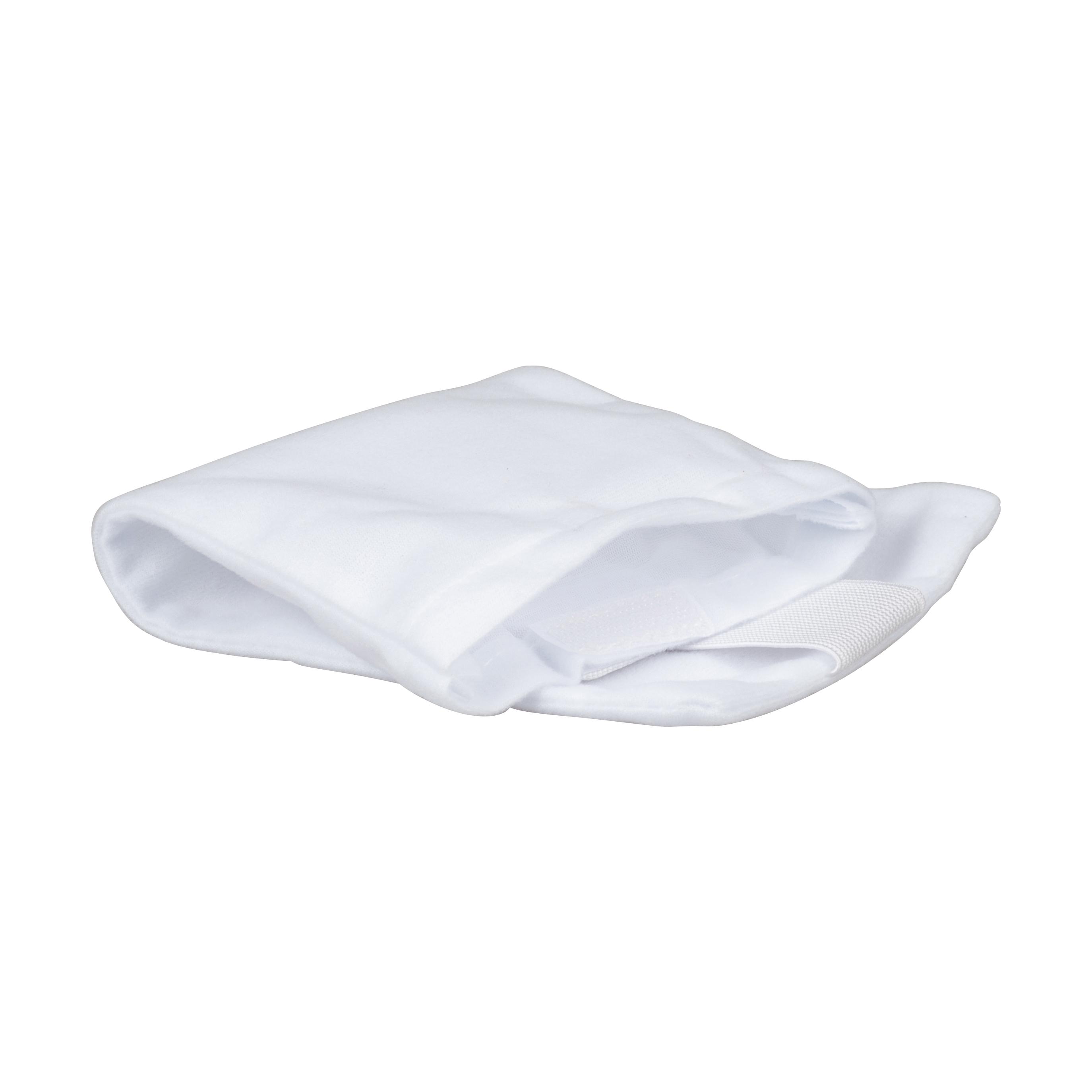 Gefaltete Vlieshülle mit Klettbefestigungsstreifen, passend für CoolPack Sofort-Kältekompresse, mit weißem Gummiband am Saum.